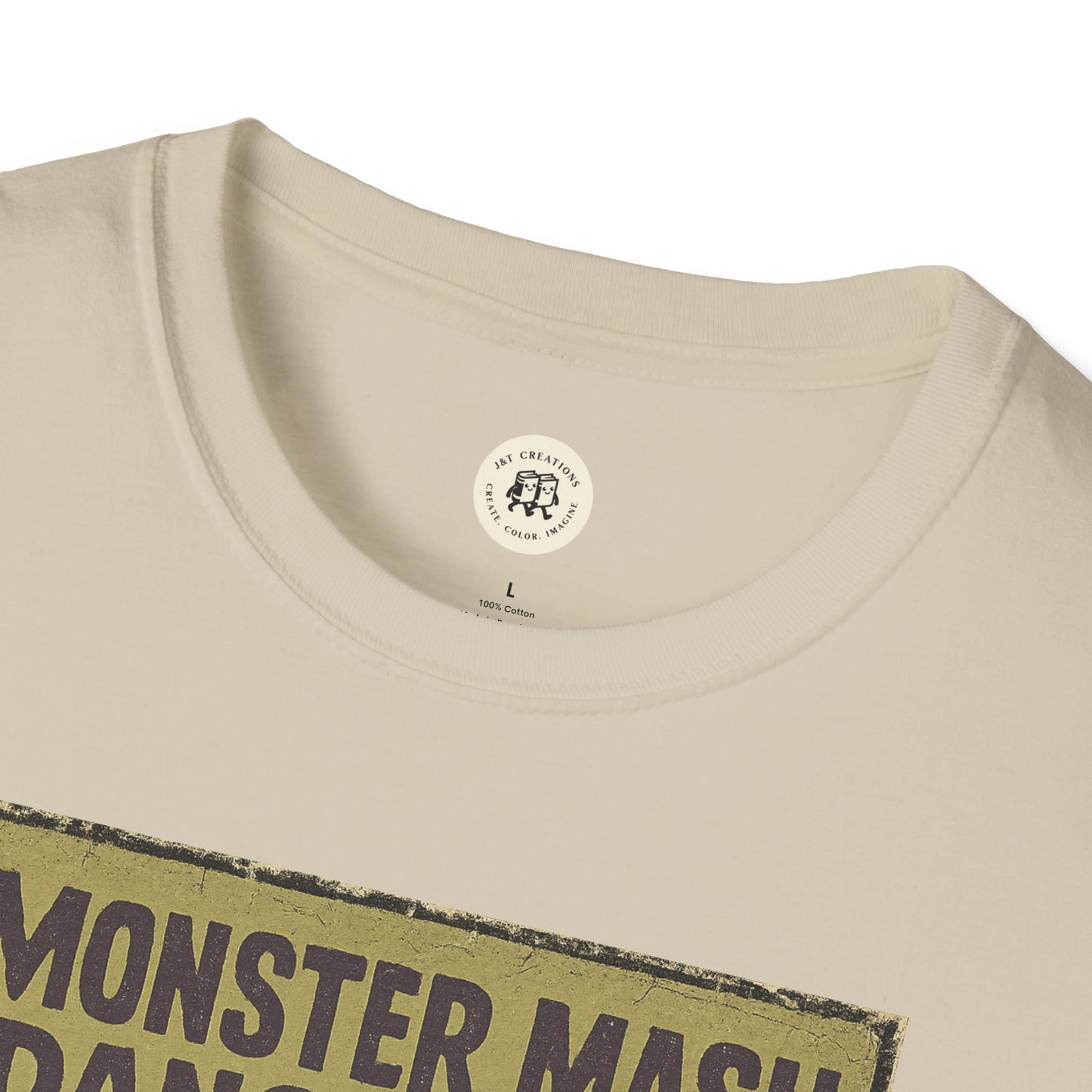 Close-up of Printify vintage Halloween t-shirt collar and upper chest with retro design