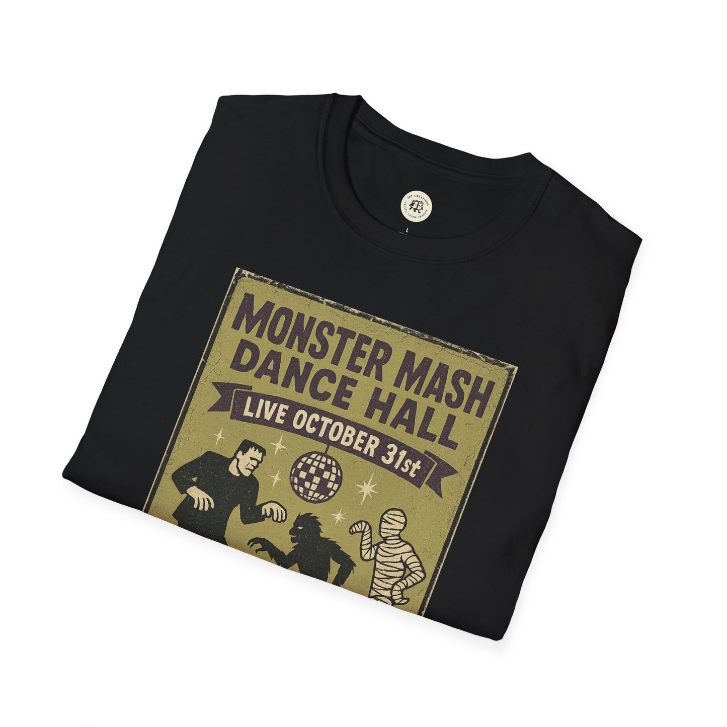 Printify black vintage Halloween t-shirt featuring Monster Mash Dance Hall graphic with classic monsters