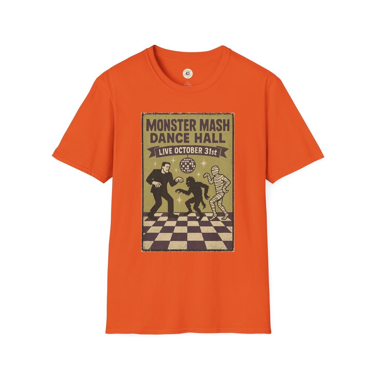 Orange Printify vintage Halloween t-shirt with Monster Mash Dance Hall design and October 31st theme