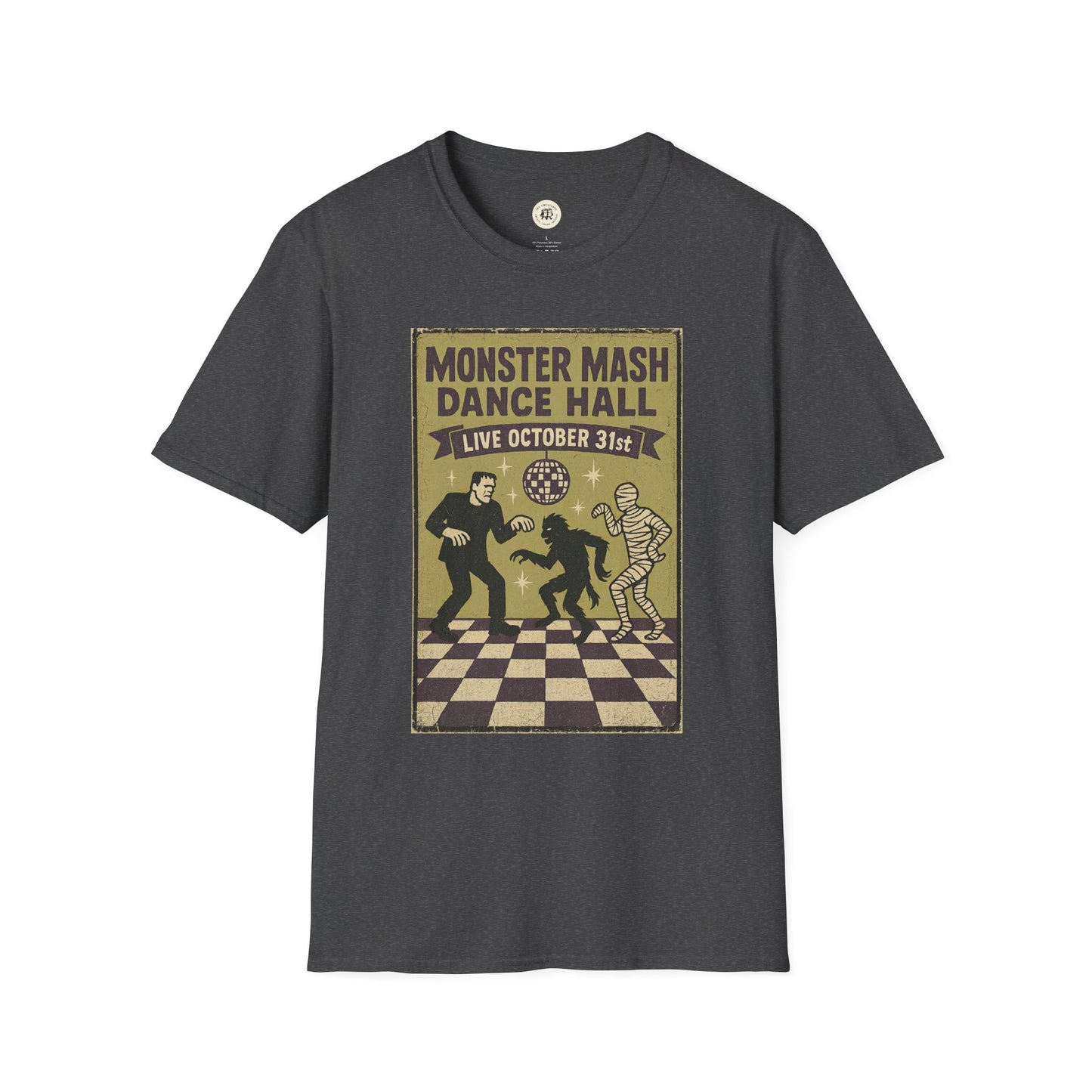 Printify Vintage Halloween t-shirt featuring Monster Mash Dance Hall design with classic monsters dancing