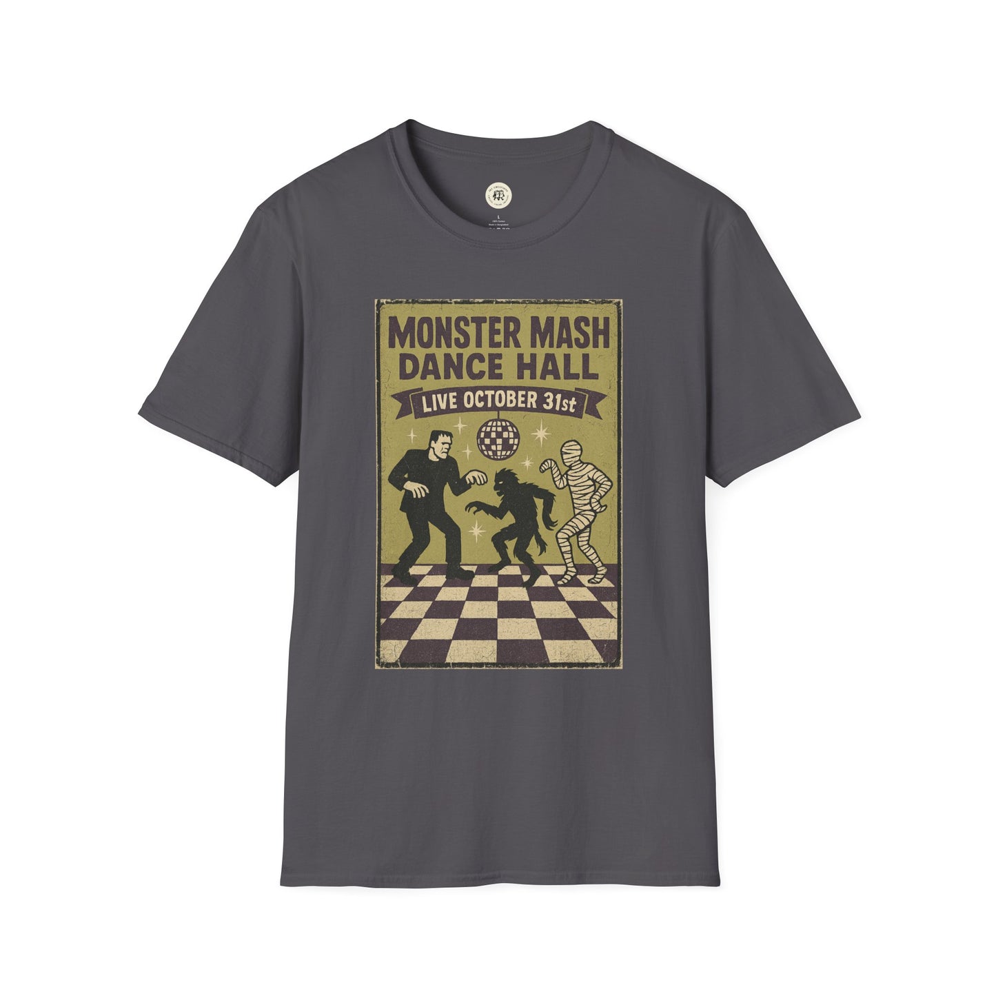 Printify Vintage Halloween t-shirt with Monster Mash Dance Hall design and spooky characters