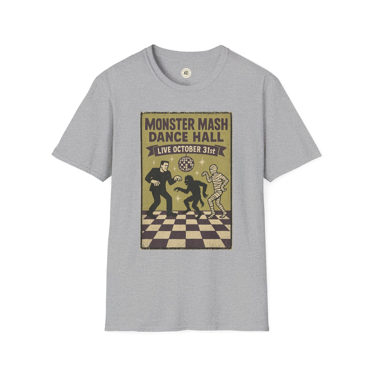 Printify gray vintage Halloween t-shirt with Monster Mash Dance Hall graphic and Halloween characters