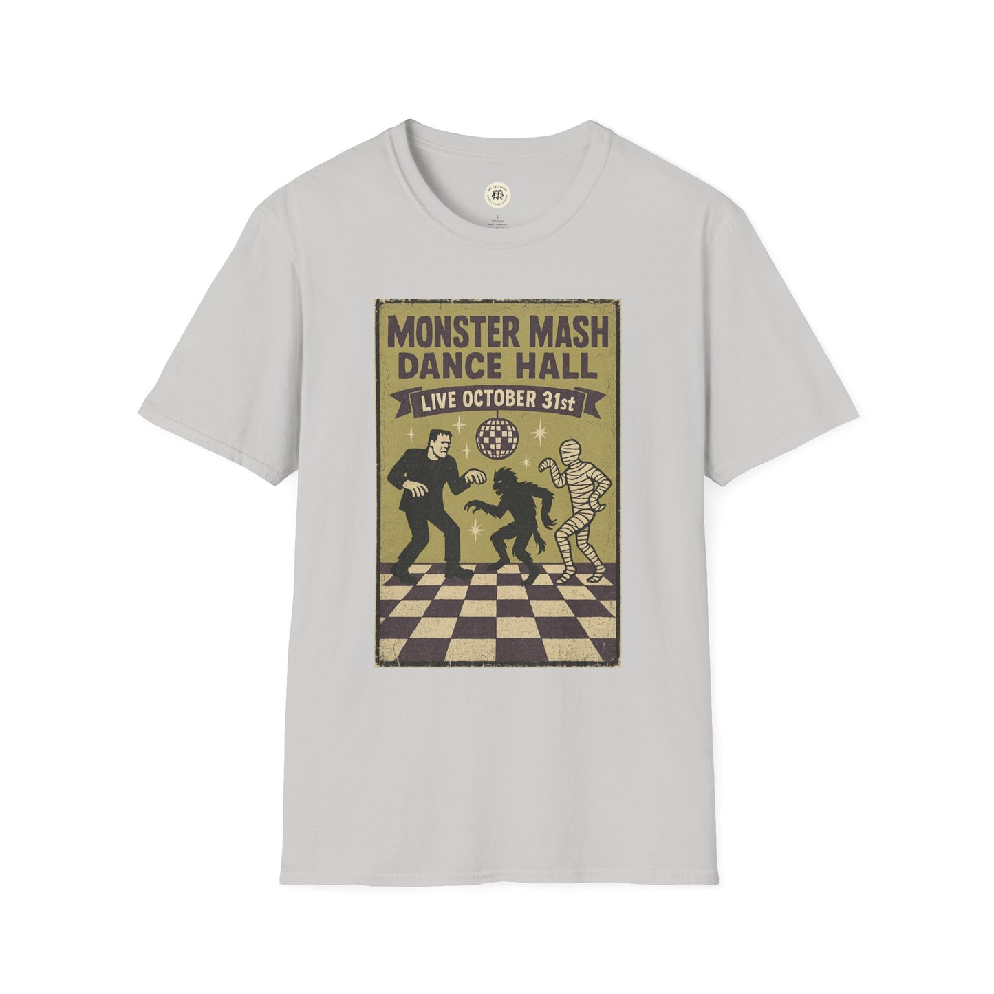 Printify vintage Halloween t-shirt with Monster Mash Dance Hall retro design in muted colors