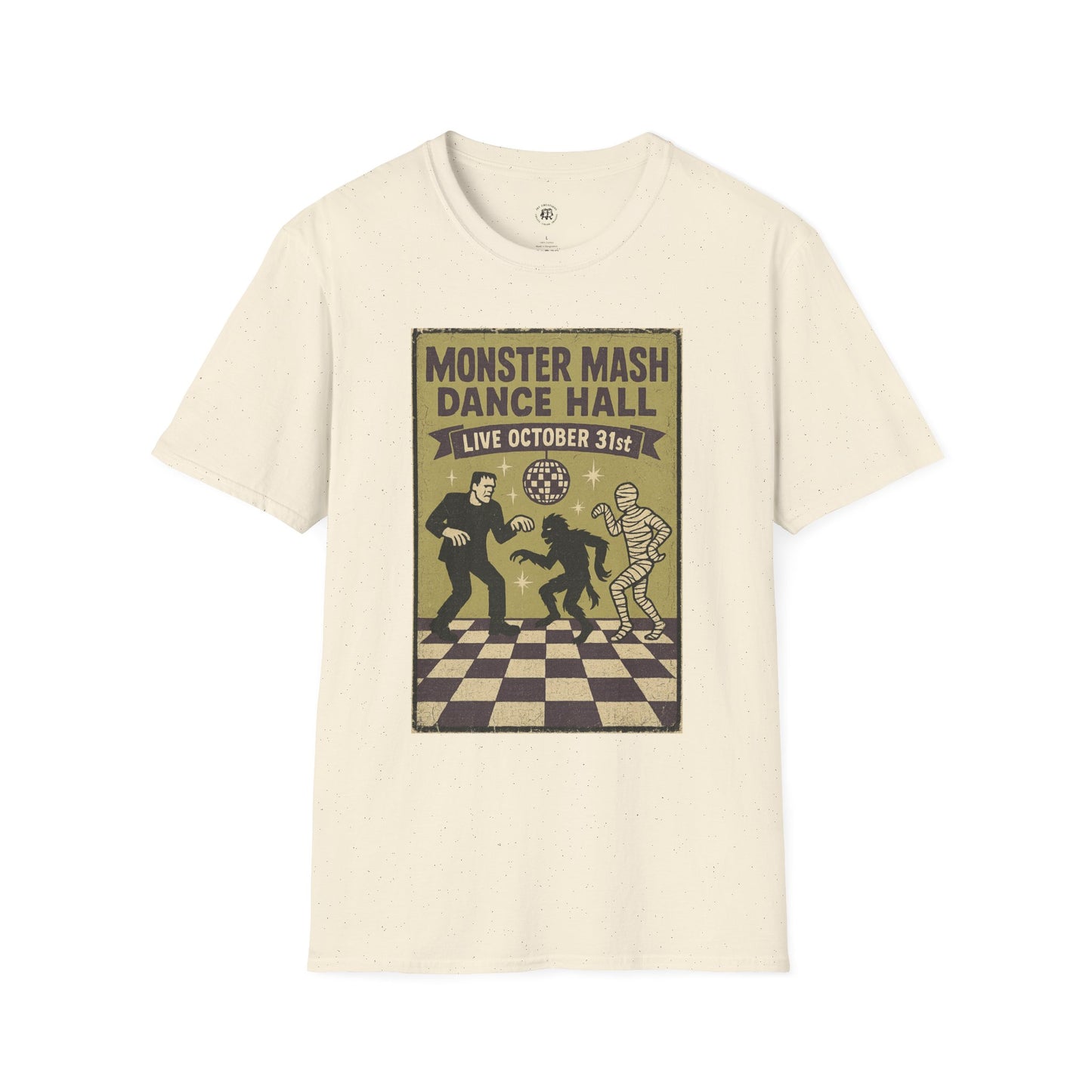 Printify vintage Halloween t-shirt with Monster Mash Dance Hall graphic and October 31st theme