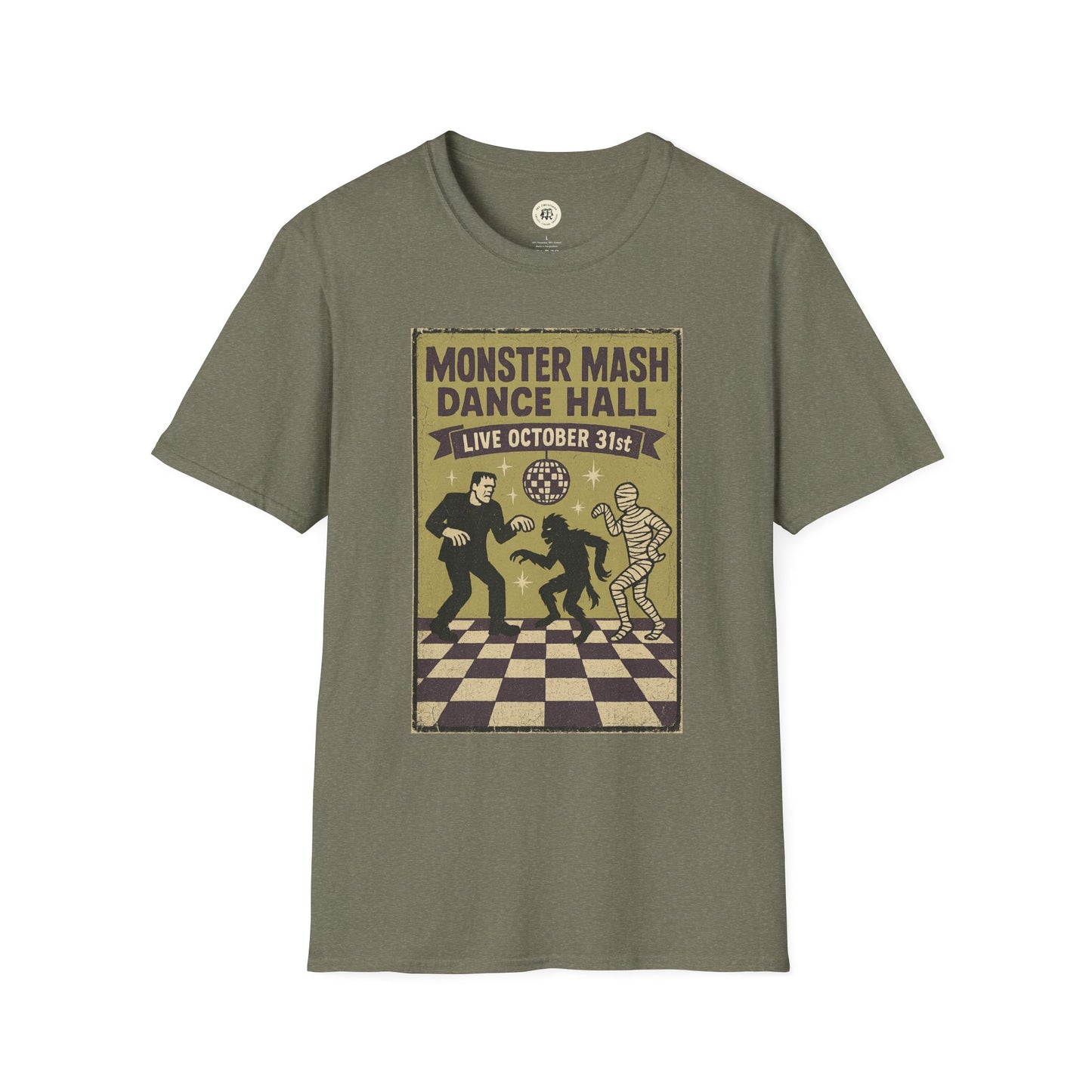 Printify vintage Halloween t-shirt with Monster Mash Dance Hall graphic and Halloween theme