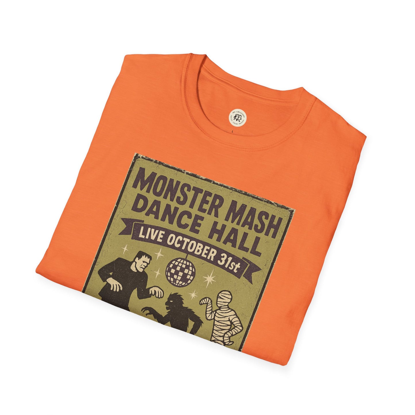 Orange Printify vintage Halloween t-shirt featuring Monster Mash Dance Hall graphic with classic Halloween characters