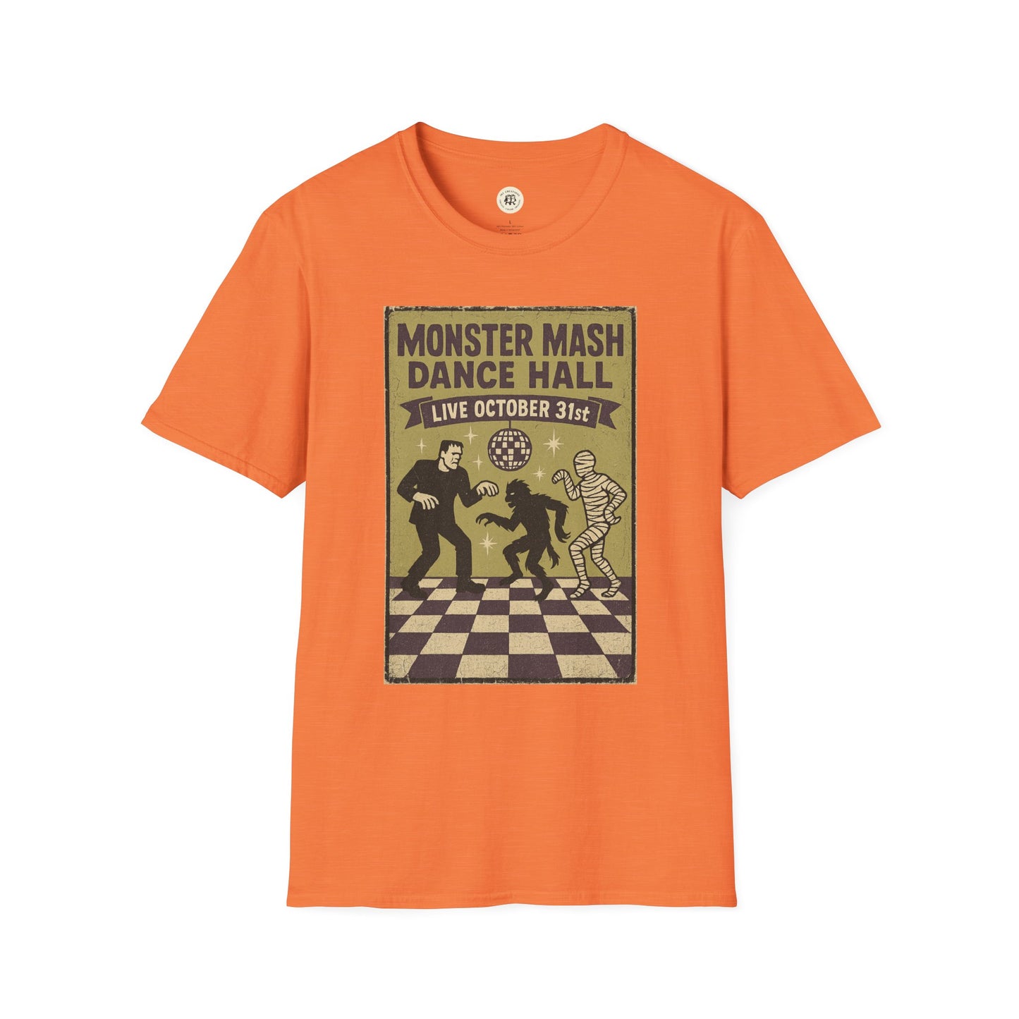 Orange Printify t-shirt featuring a vintage Monster Mash Dance Hall design for Halloween fun vintage Halloween t-shirt