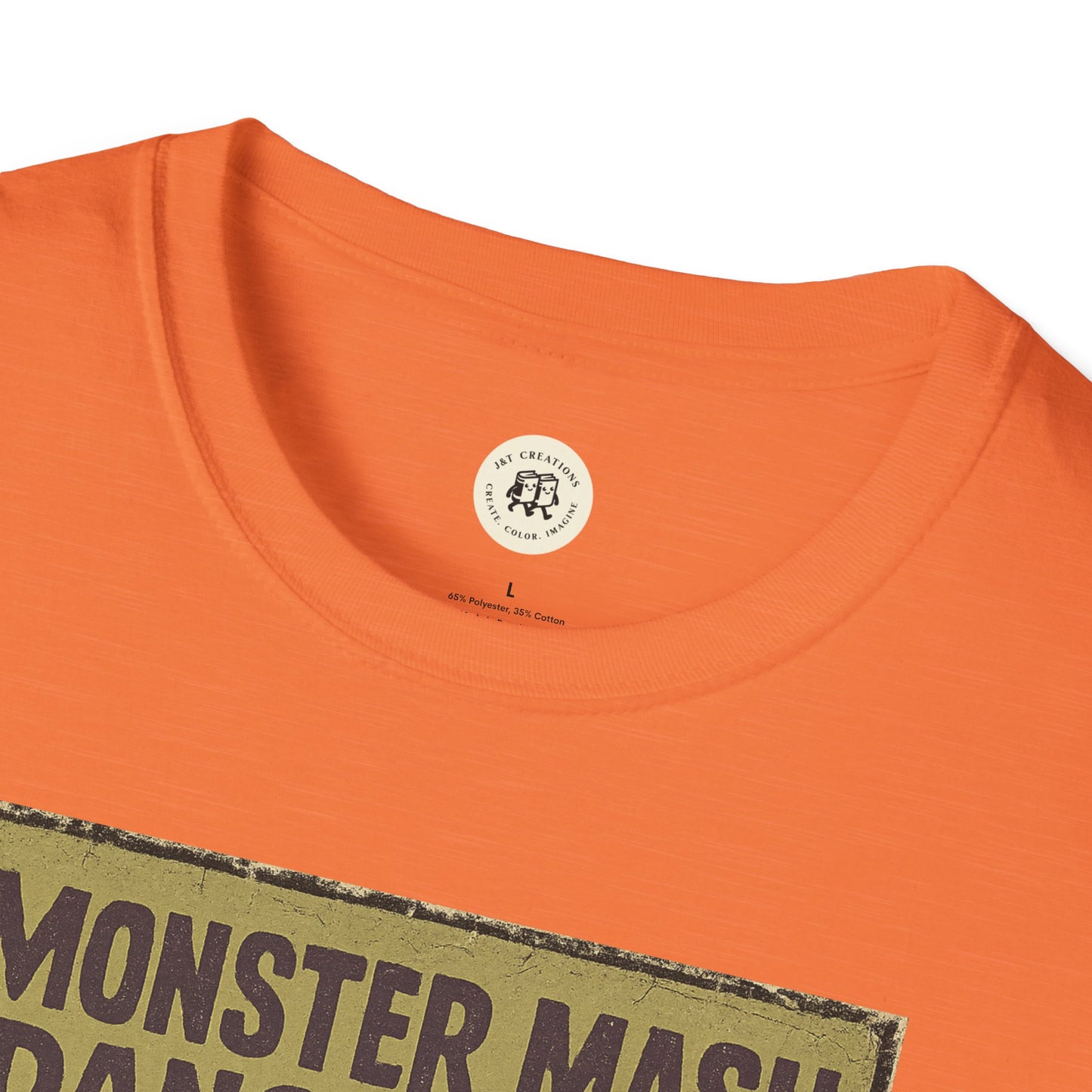 Orange Printify T-shirt featuring vintage Halloween t-shirt design with Monster Mash text
