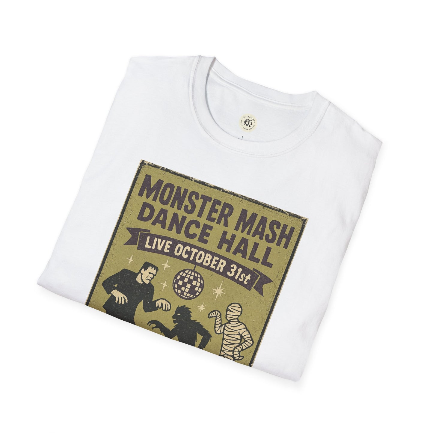 Printify white vintage Halloween t-shirt with Monster Mash Dance Hall graphic and October 31st date