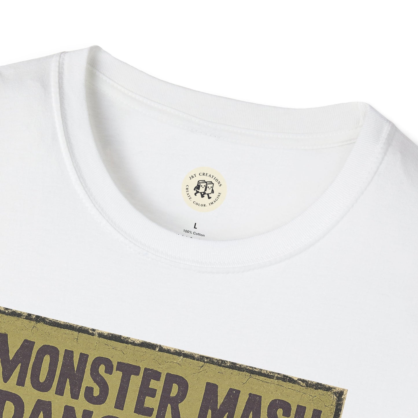 White Printify t-shirt featuring vintage Halloween t-shirt design with distressed lettering