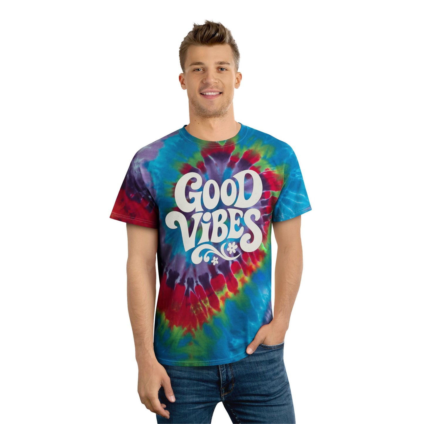 Festival tie dye t shirt with colorful spiral pattern and Good Vibes text worn by smiling man