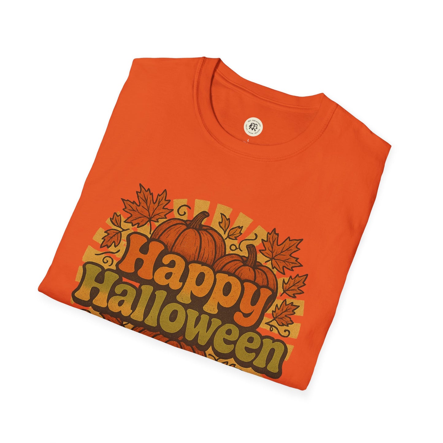 Orange Printify happy halloween t-shirt with pumpkin and autumn leaf graphic design