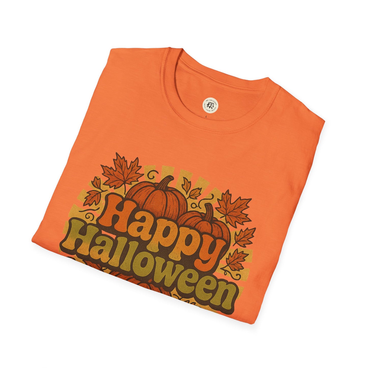 Orange happy halloween t-shirt with pumpkin and autumn leaf design by Printify