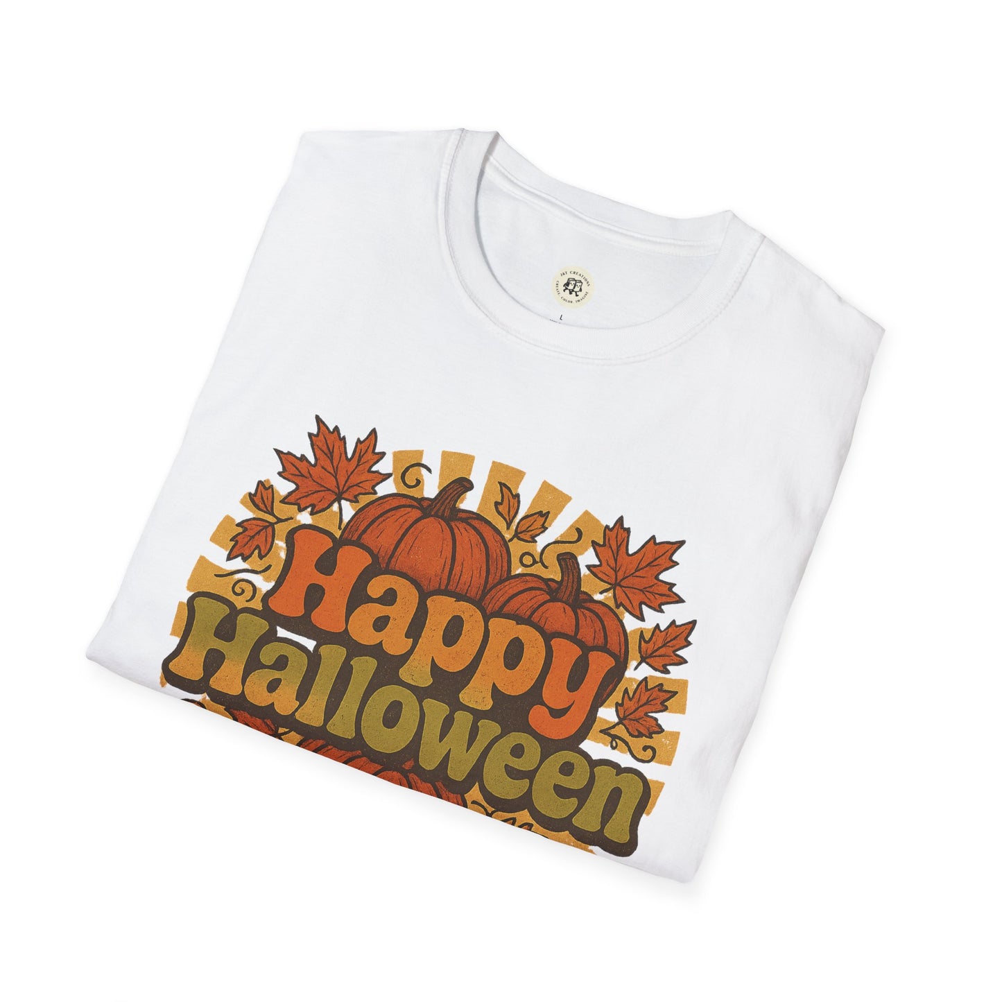 White Printify happy halloween t-shirt with vintage pumpkins and autumn leaves design