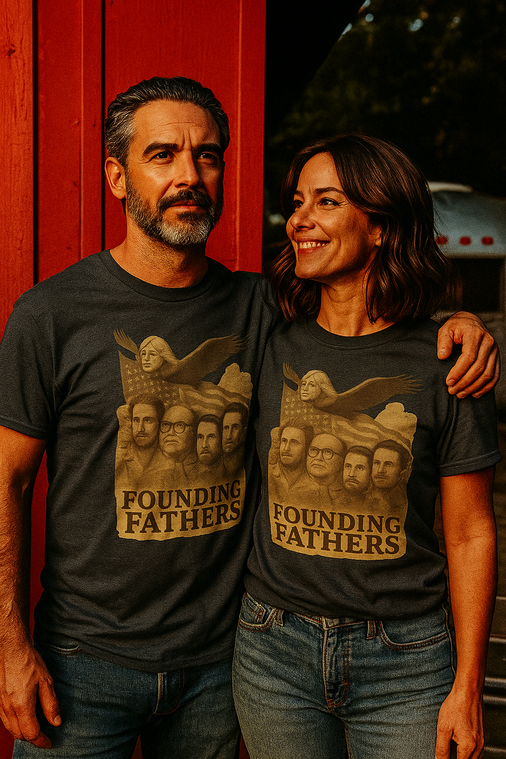 Couple wearing matching Founding Fathers graphic t-shirt in dark color with vintage design