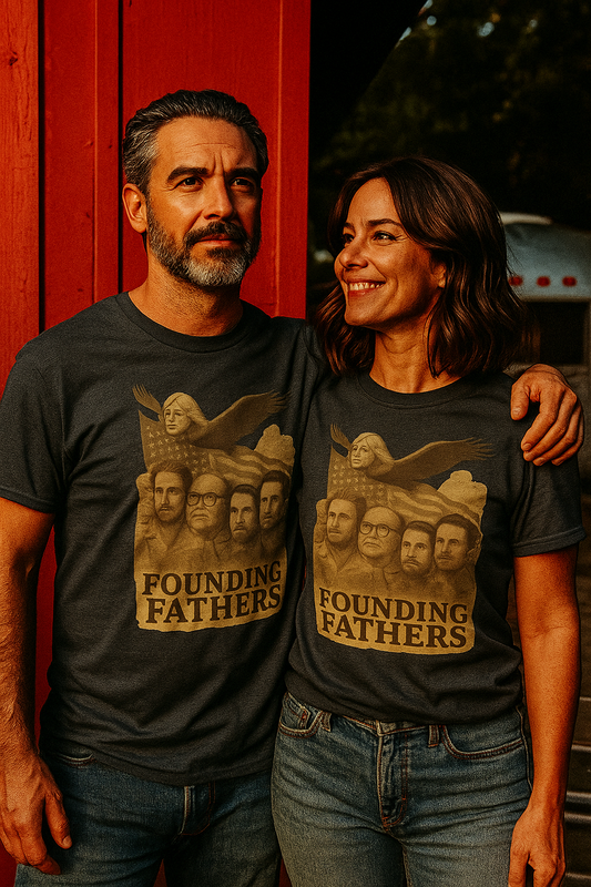 Couple wearing matching Founding Fathers graphic t-shirt in dark color with vintage design