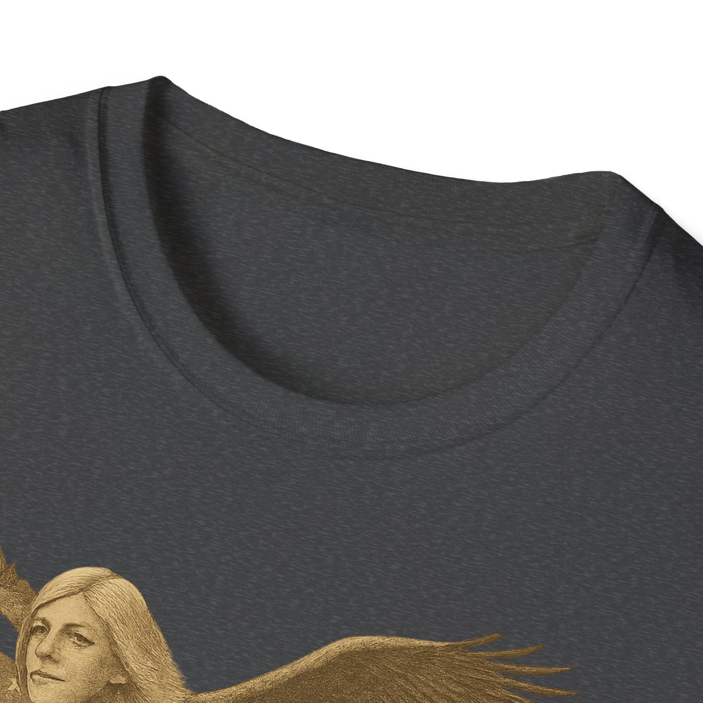 Close-up of black Printify T-shirt collar featuring Founding Fathers graphic t-shirt design