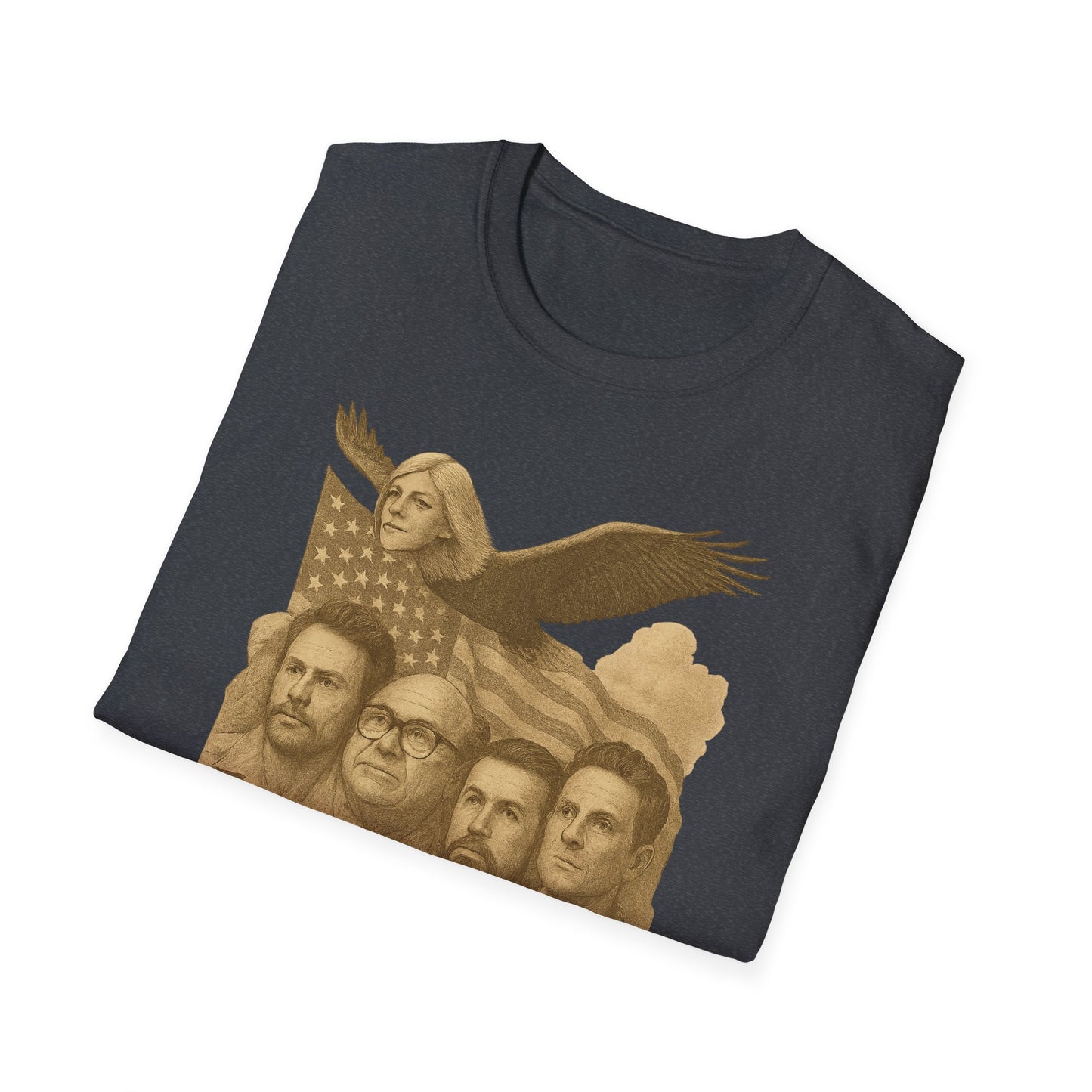 Printify black Founding Fathers graphic t-shirt featuring sepia tone portraits and American flag design