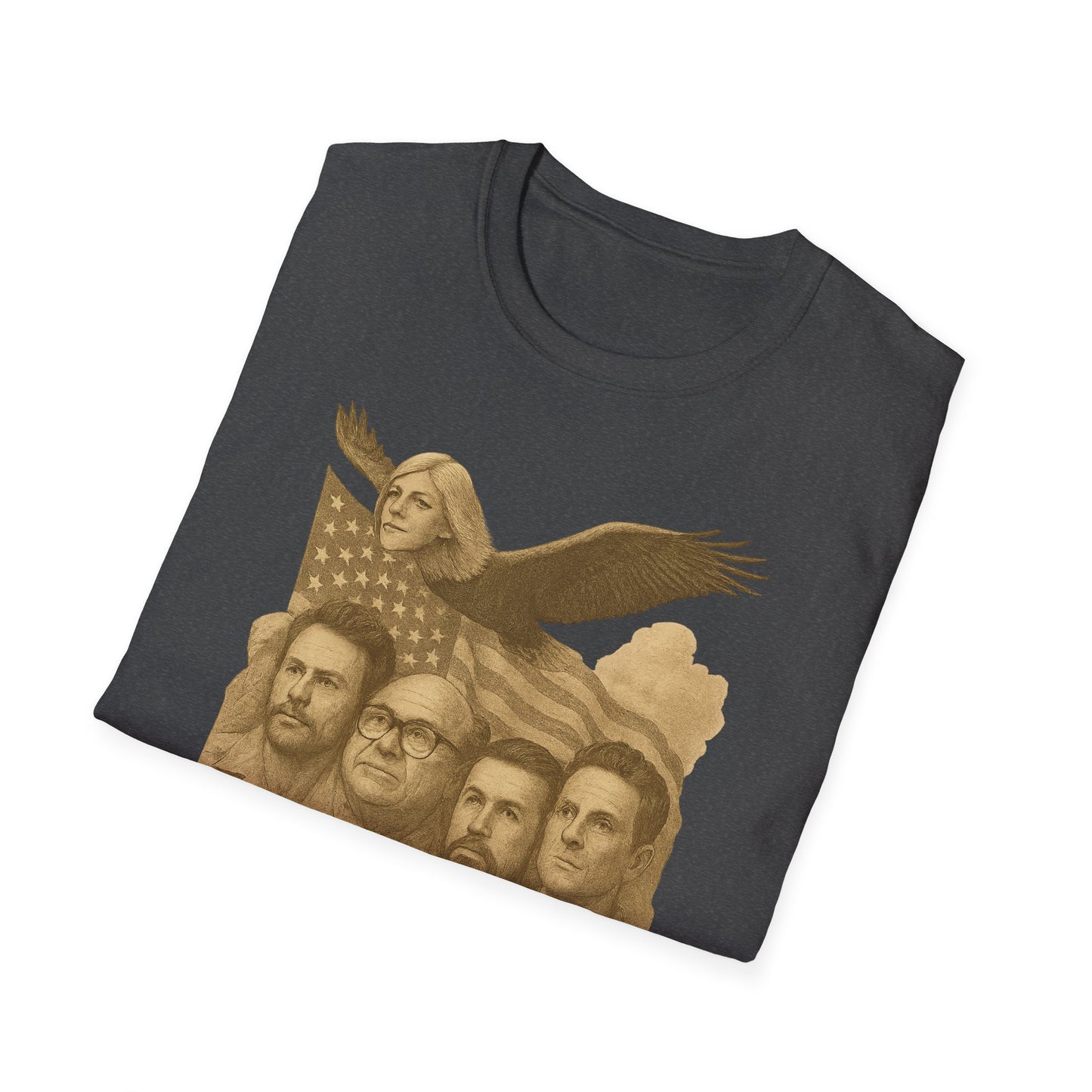 Printify black T-shirt featuring Founding Fathers graphic t-shirt design with historical faces and an American flag