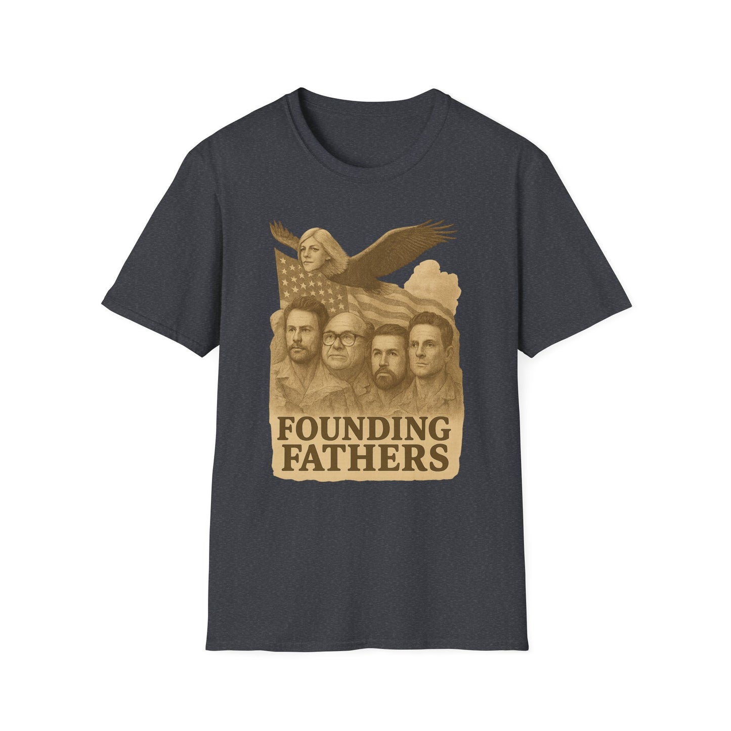 Printify dark gray Founding Fathers graphic t-shirt with vintage style portraits and eagle design
