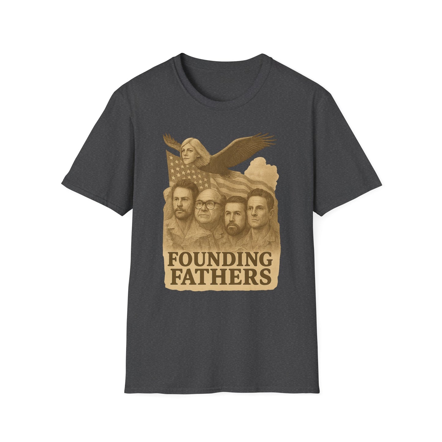 Printify Founding Fathers graphic t-shirt in dark gray with vintage patriotic design and historical figures