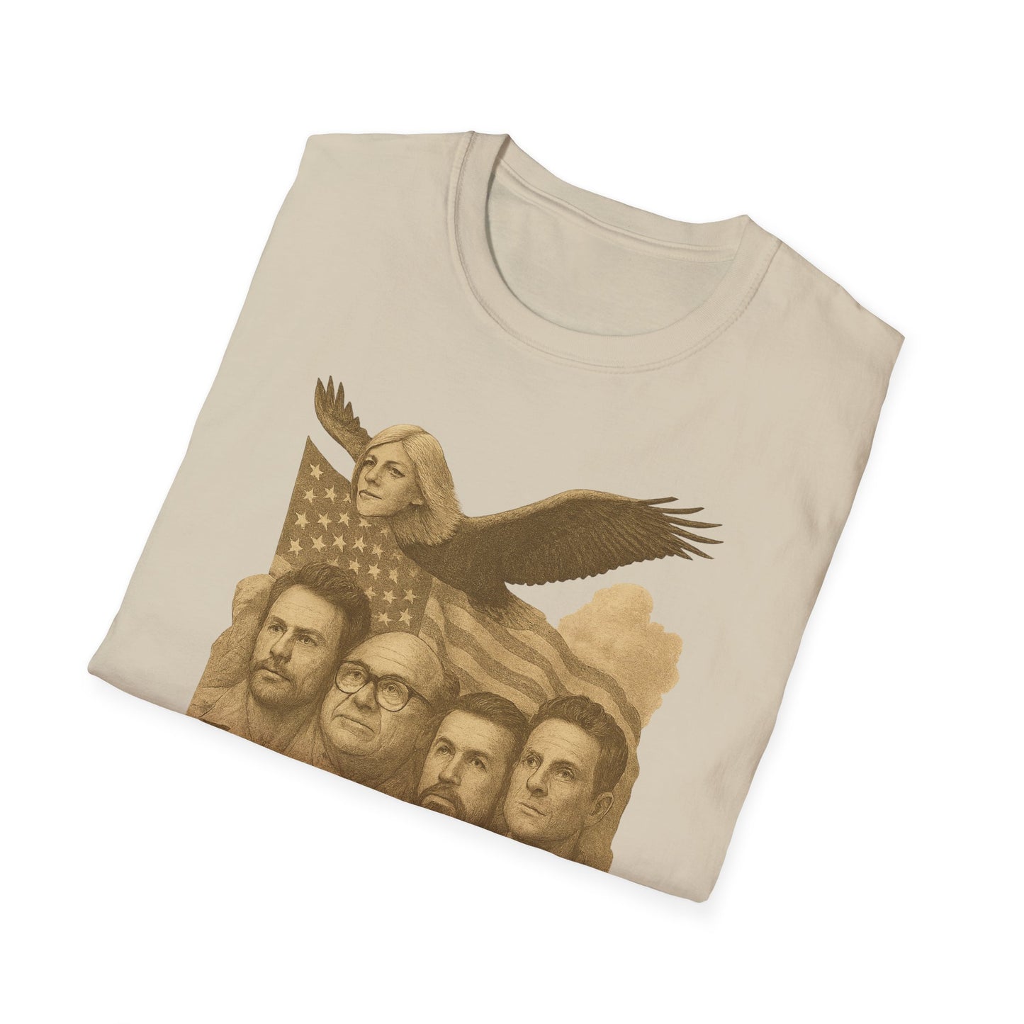 Beige Founding Fathers graphic t-shirt by Printify with vintage style portraits and American flag design