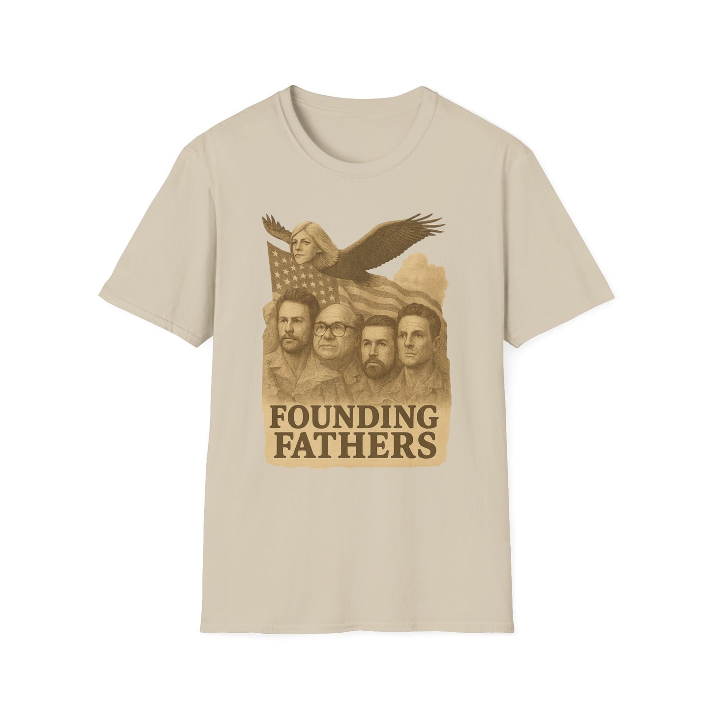 Beige Founding Fathers graphic t-shirt with vintage portraits and American flag design