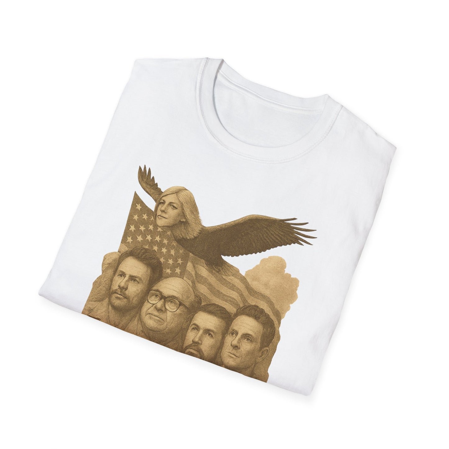 White Printify Founding Fathers graphic t-shirt with eagle and American flag design