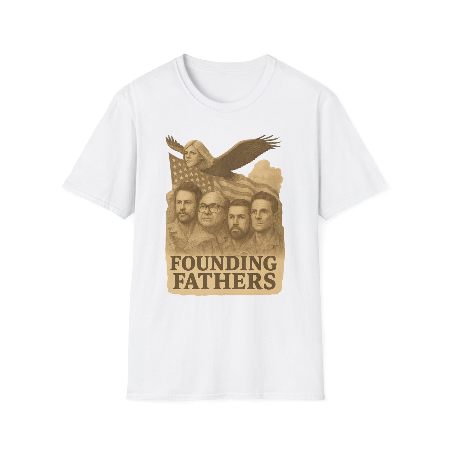 Printify white Founding Fathers graphic t-shirt with sepia tone portraits and American eagle design