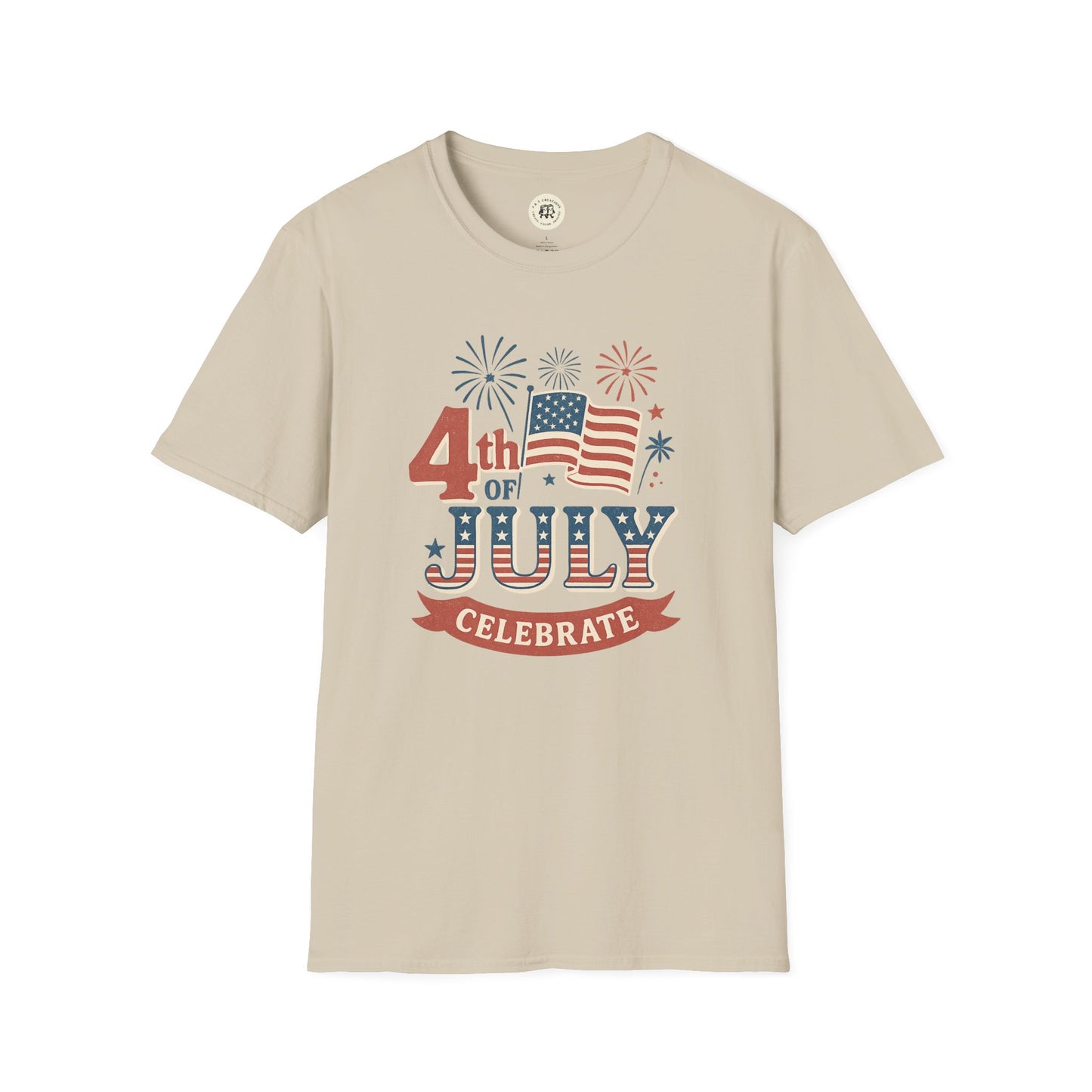 Printify Fourth of July fireworks shirt with American flag and fireworks graphic on beige T-shirt