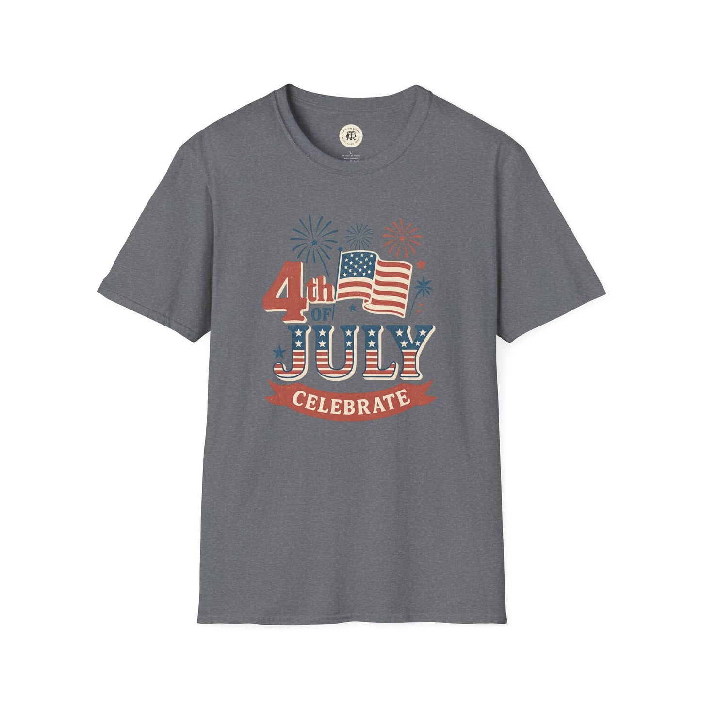 Printify gray Fourth of July fireworks shirt with American flag and celebration design