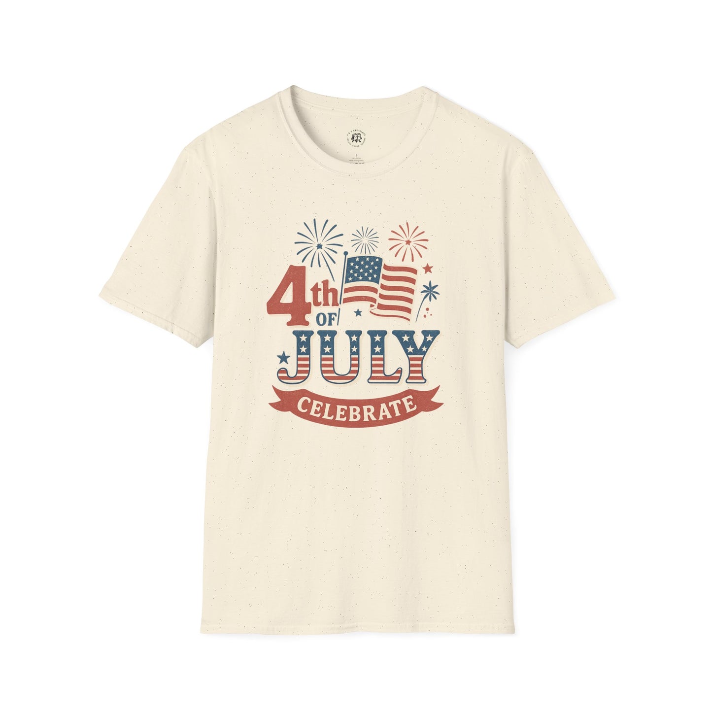Printify Fourth of July fireworks shirt with American flag and fireworks graphic on cream T-shirt