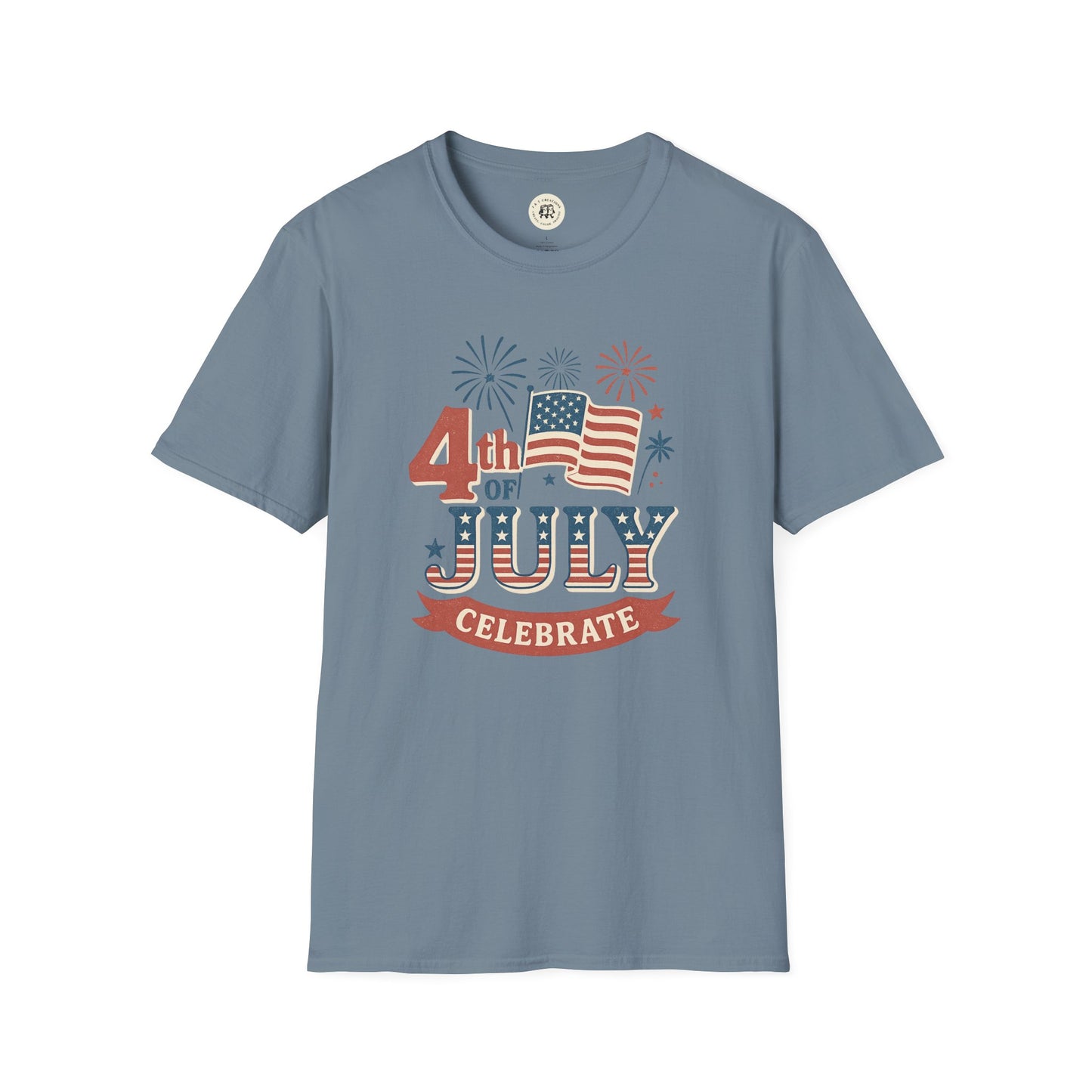 Printify Fourth of July fireworks shirt with American flag and festive fireworks design on blue t-shirt