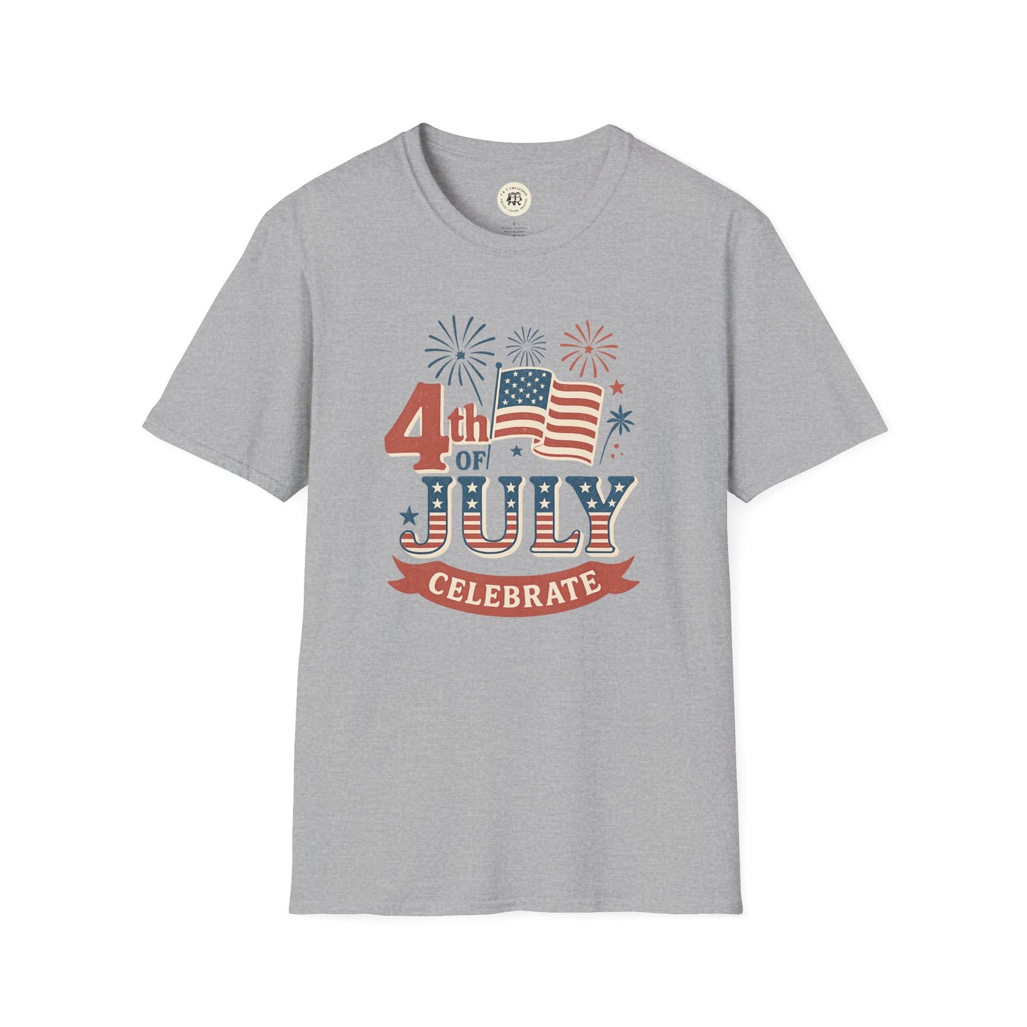 Gray Printify T-shirt with Fourth of July fireworks shirt design featuring American flag and fireworks