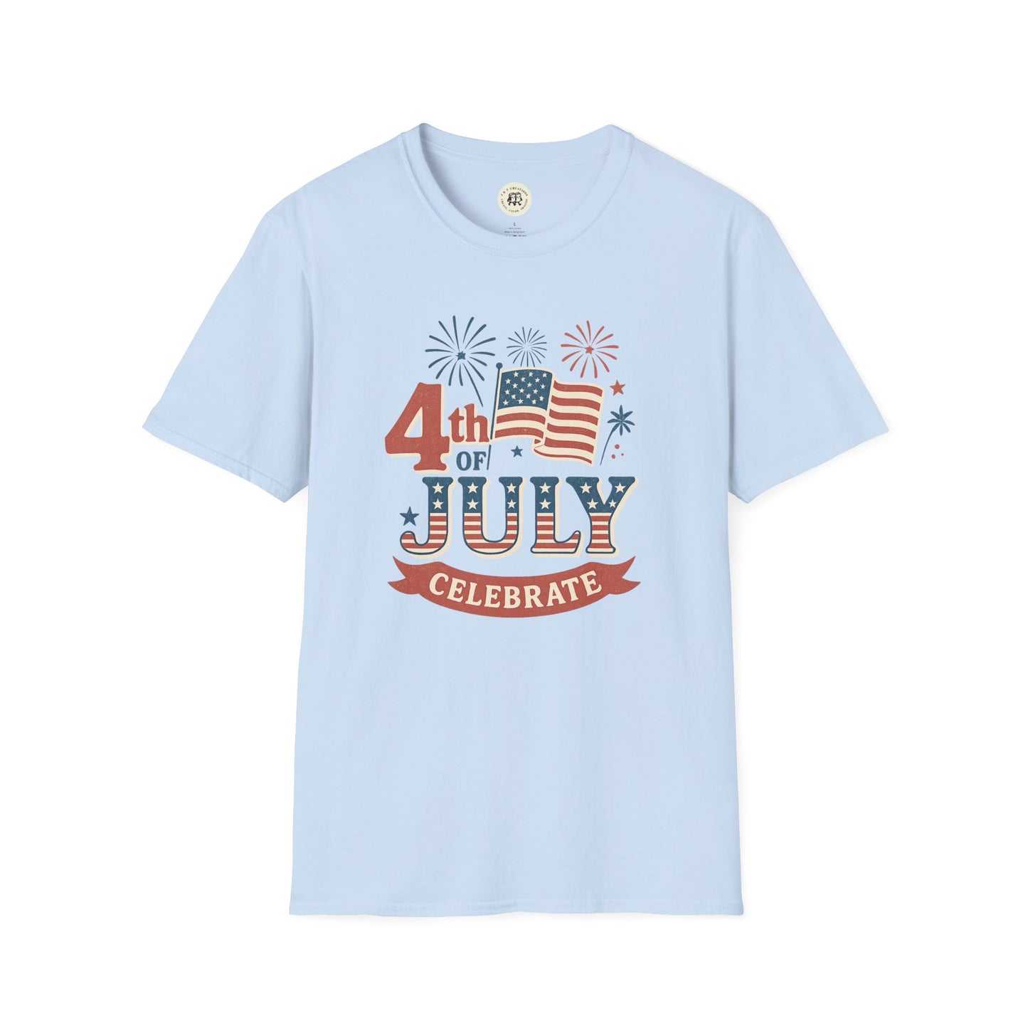 Light blue Printify Fourth of July fireworks shirt with American flag and fireworks graphic
