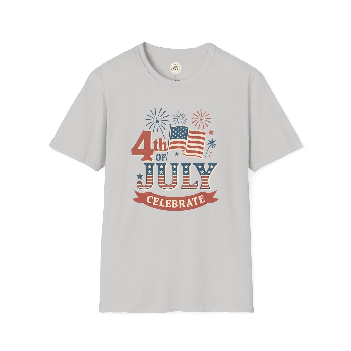 Printify Fourth of July fireworks shirt with patriotic flag and fireworks design on gray T-shirt