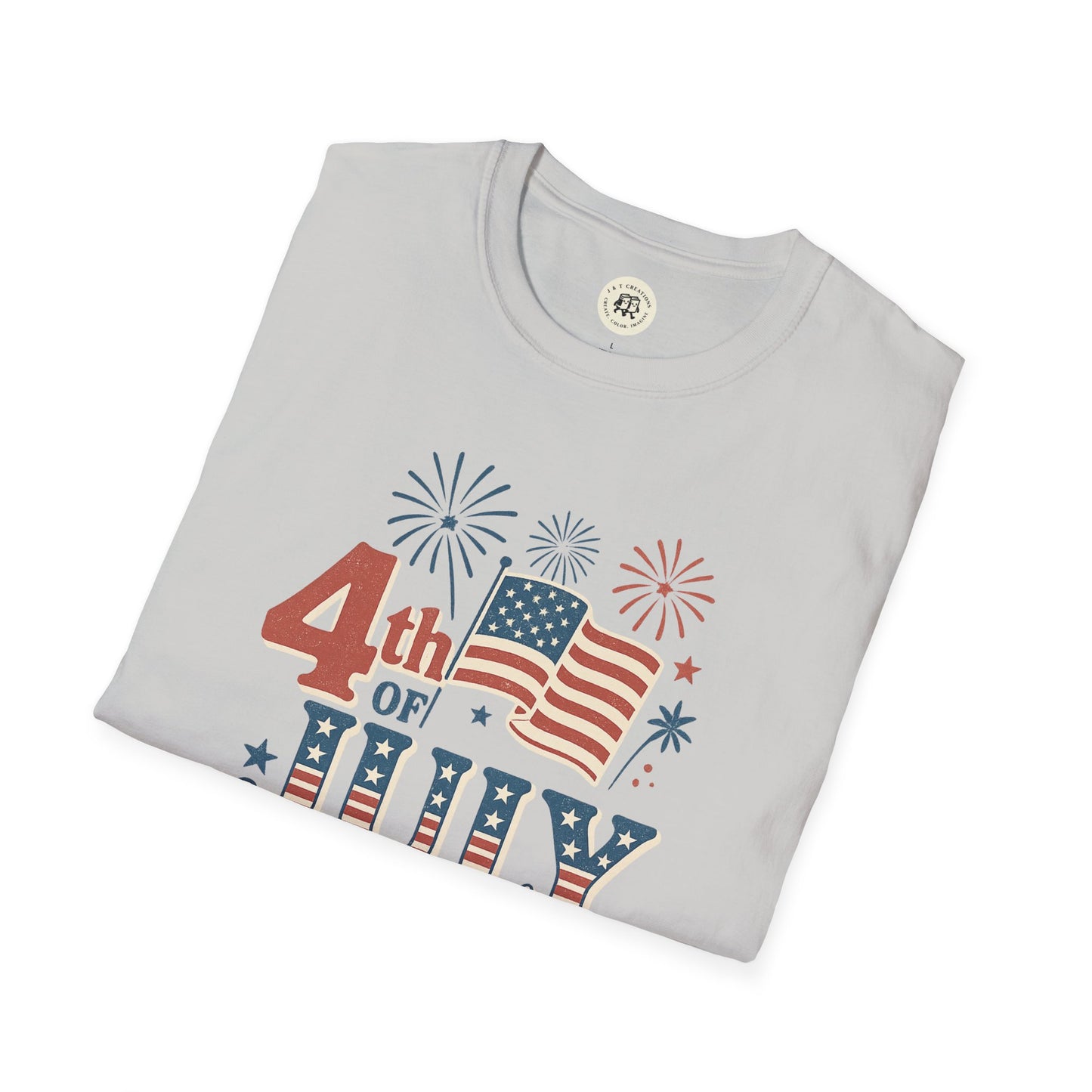 Printify gray Fourth of July fireworks shirt with American flag and colorful fireworks design
