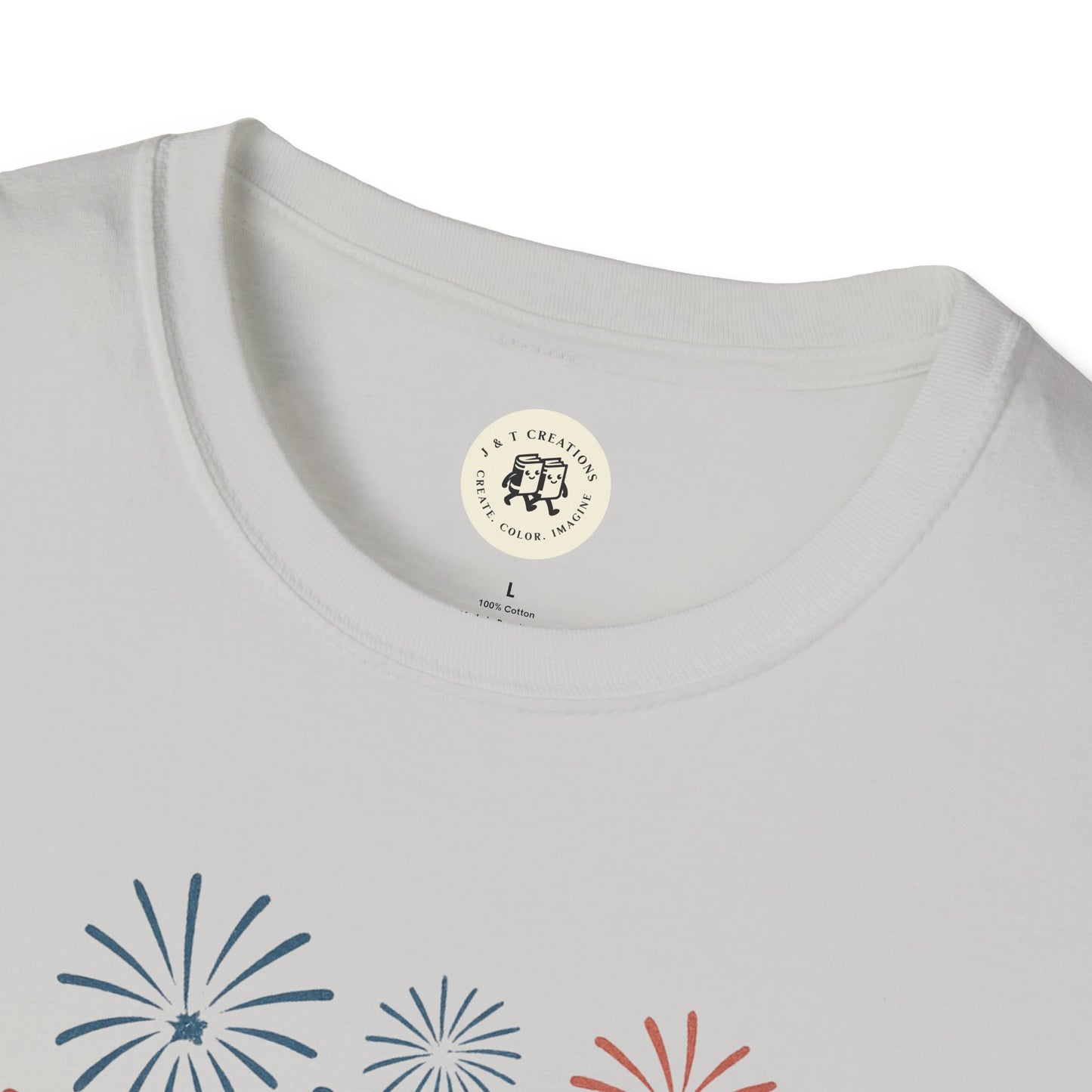 White Printify T-shirt with Fourth of July fireworks shirt design featuring red and blue fireworks
