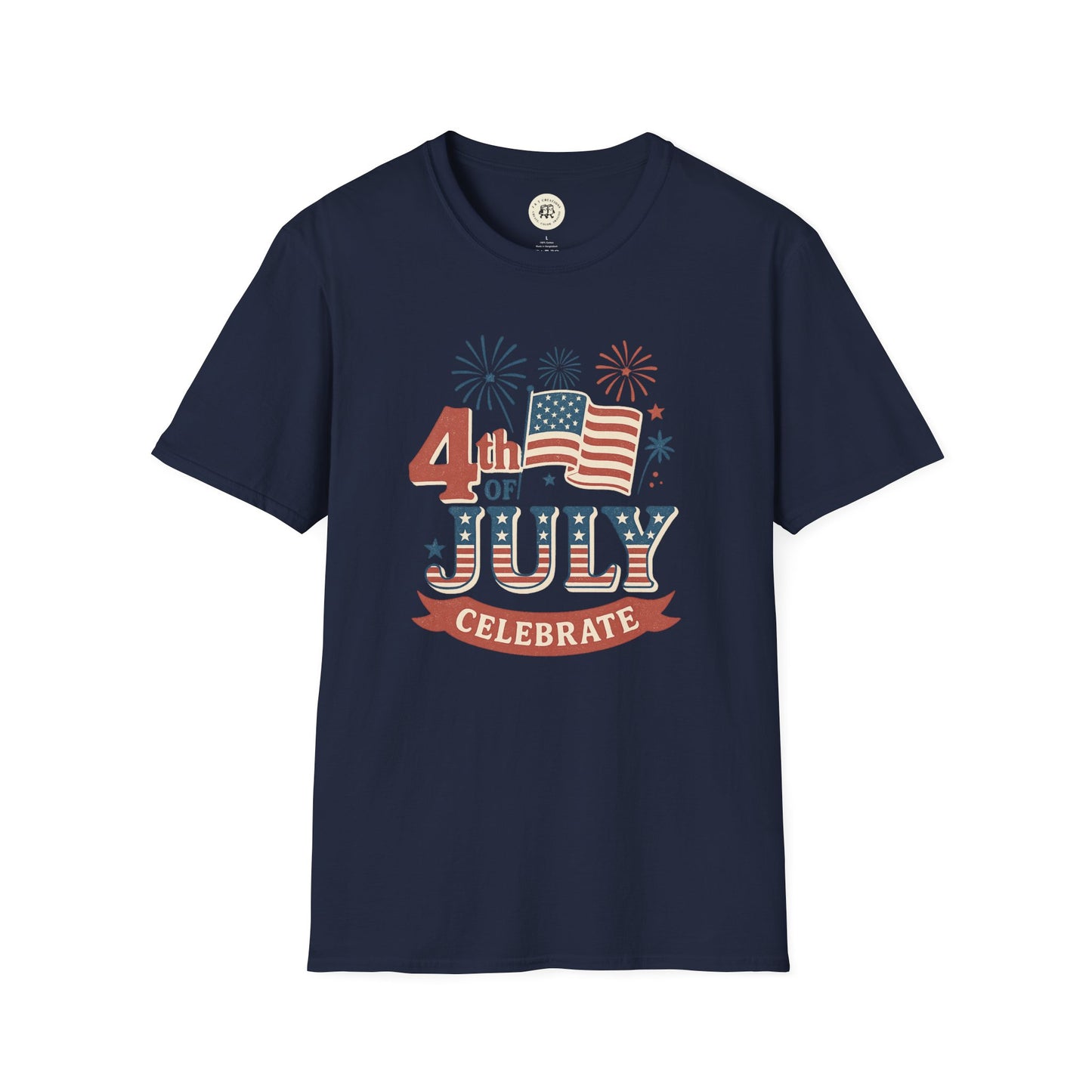 Navy blue Printify t-shirt with 4th of July fireworks shirt design featuring American flag and celebratory text