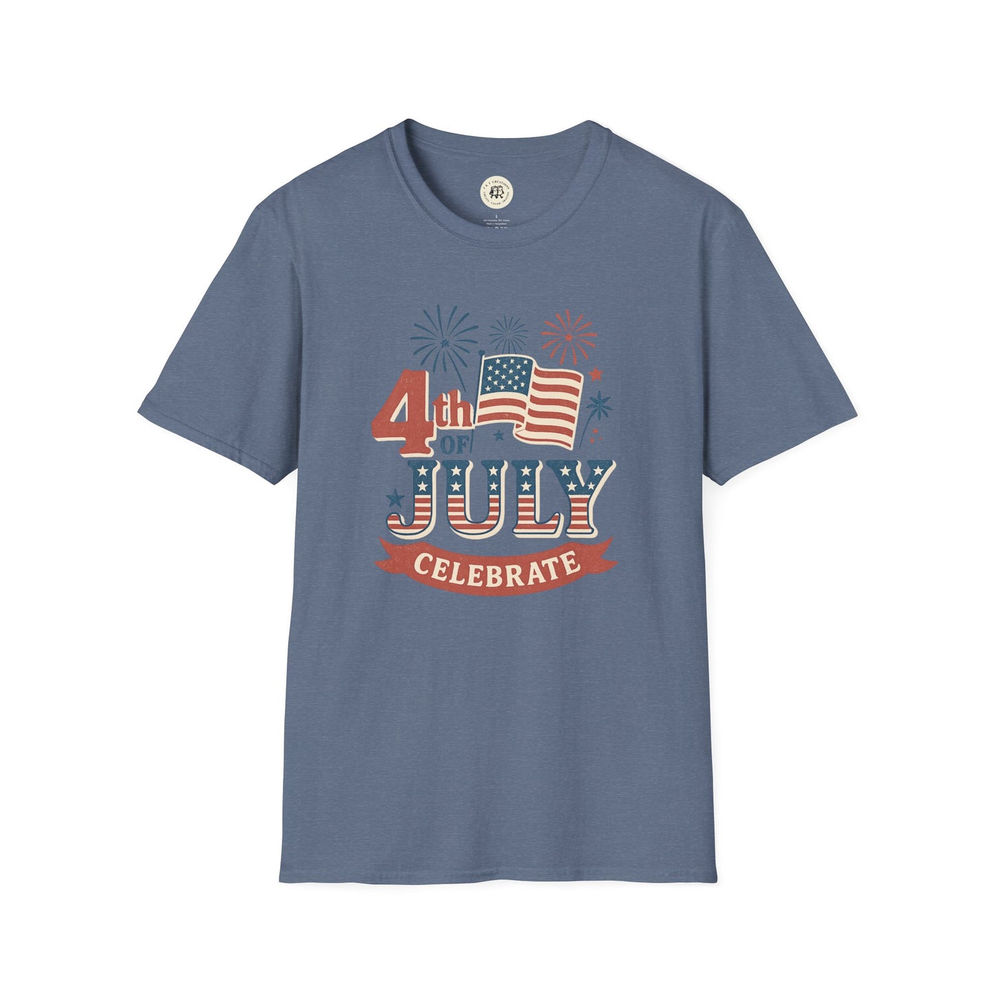 Printify Fourth of July fireworks shirt with American flag and patriotic firework design on blue tee