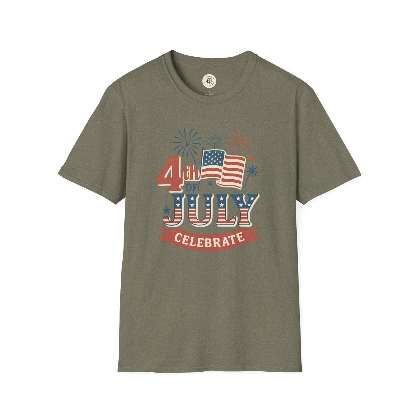 Printify Fourth of July fireworks shirt with patriotic flag and fireworks design on olive green t-shirt