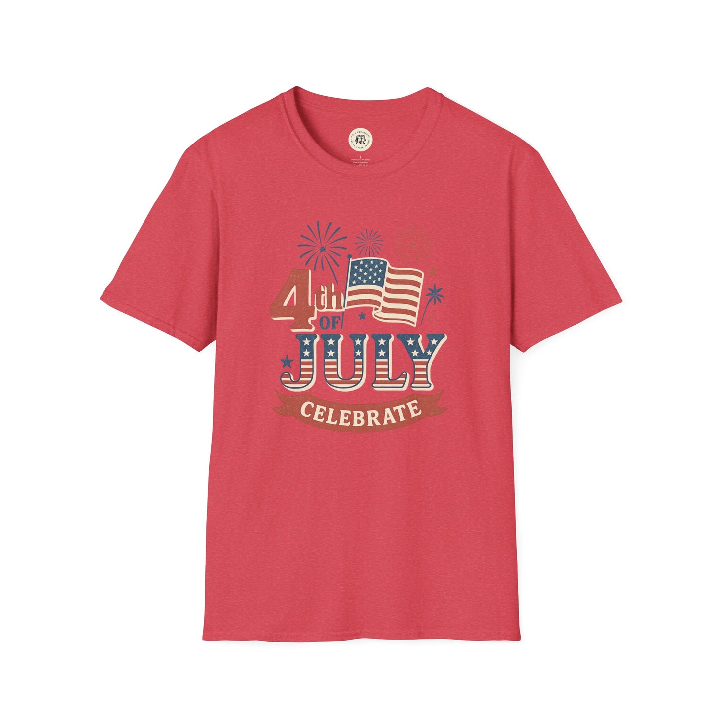Red Printify Fourth of July fireworks shirt with American flag and celebration graphic