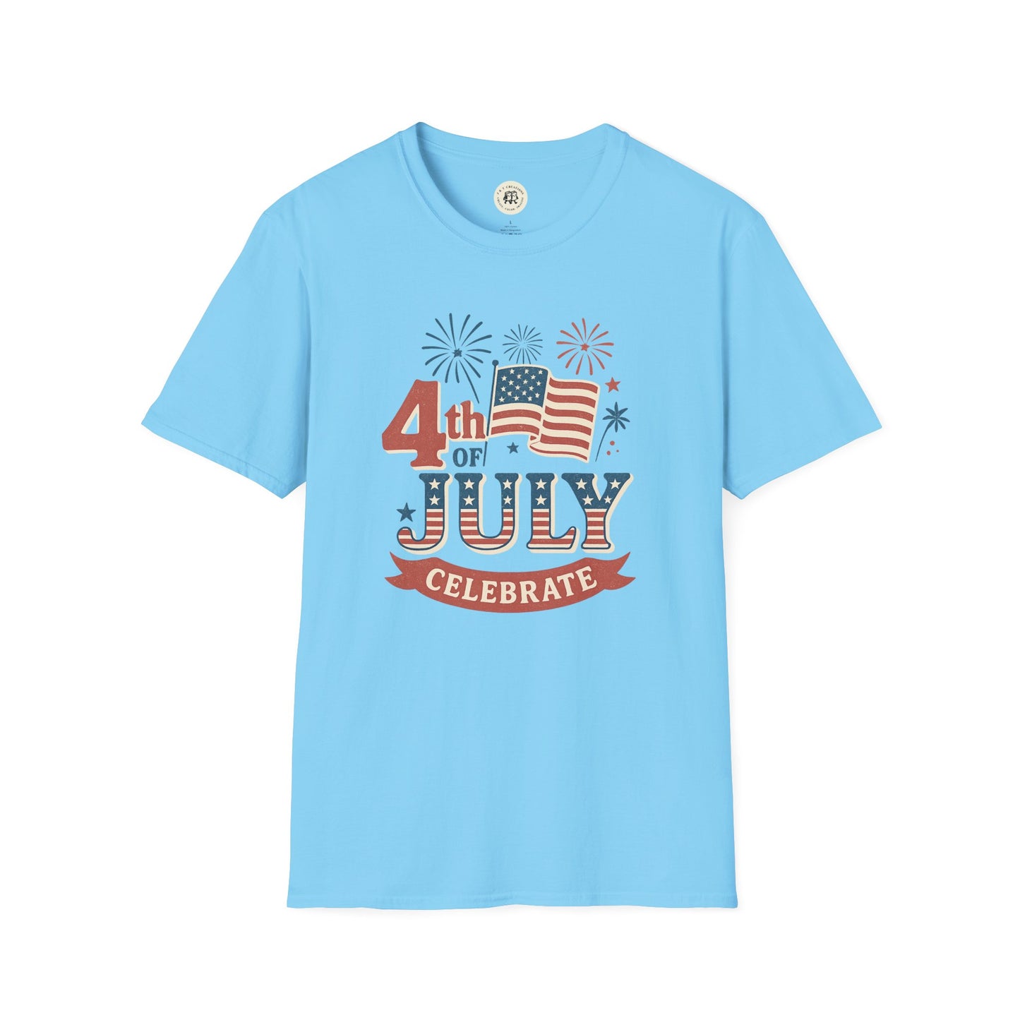Light blue Printify Fourth of July fireworks shirt with patriotic flag and celebrate text design