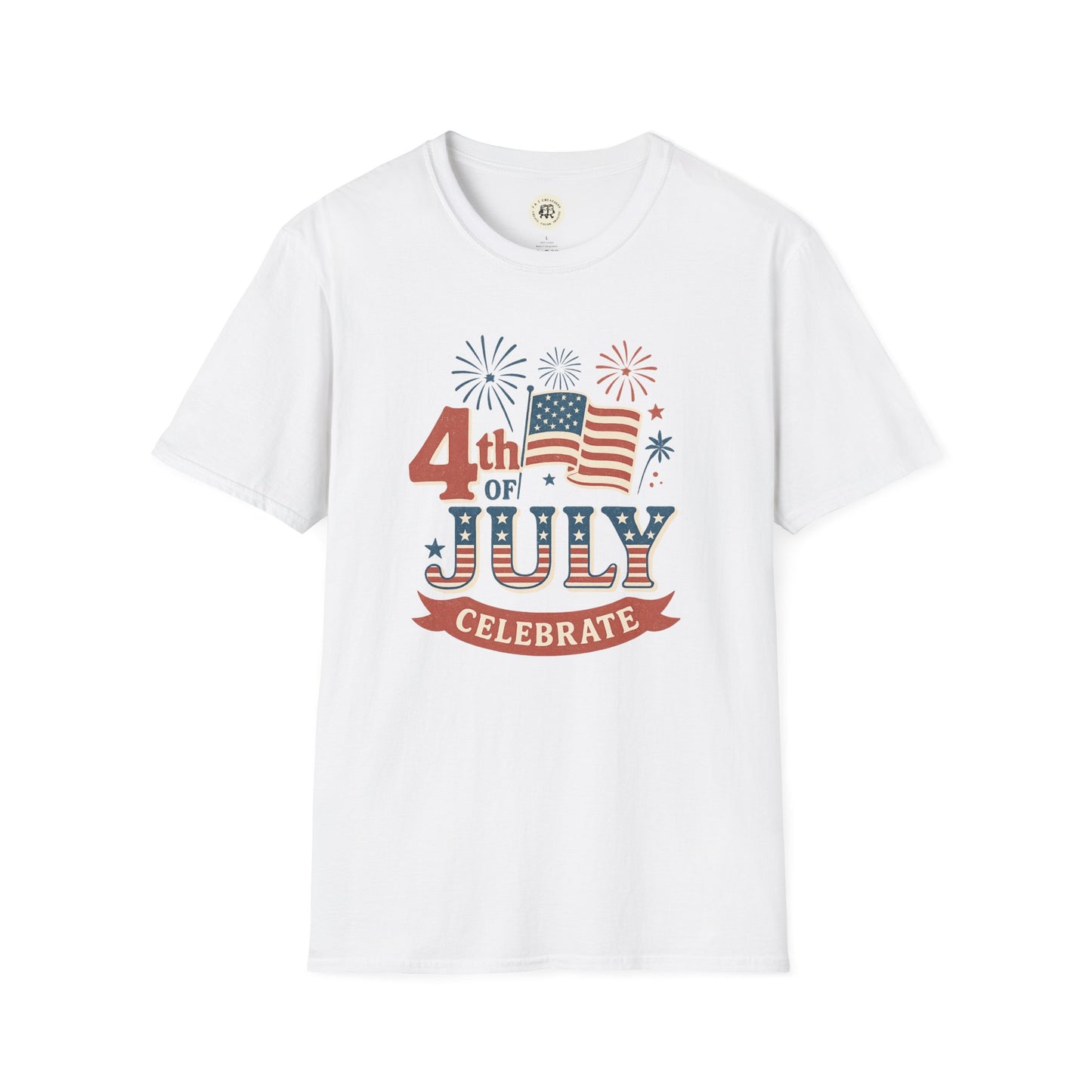 Printify white T-shirt with Fourth of July fireworks shirt design featuring flag and celebration text
