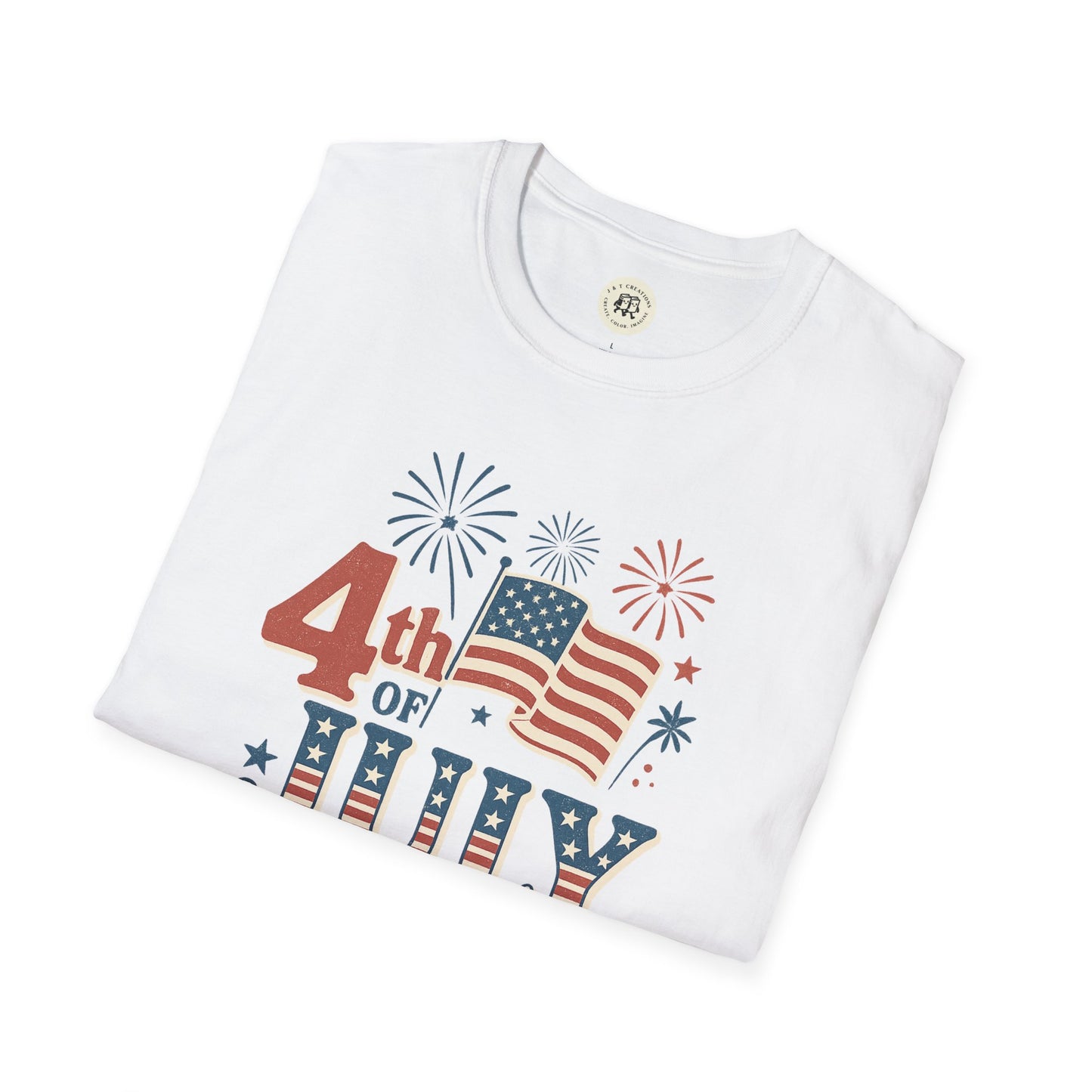 White Printify T-shirt with Fourth of July fireworks shirt design featuring American flag and fireworks