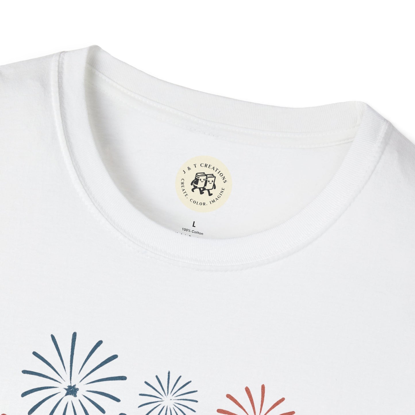 Printify white T-shirt featuring a Fourth of July fireworks shirt design with red and blue fireworks