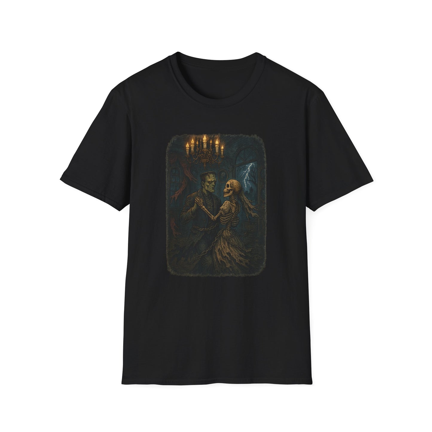 Black Printify Frankenstein couple t-shirt featuring a dancing skeleton and monster under chandelier