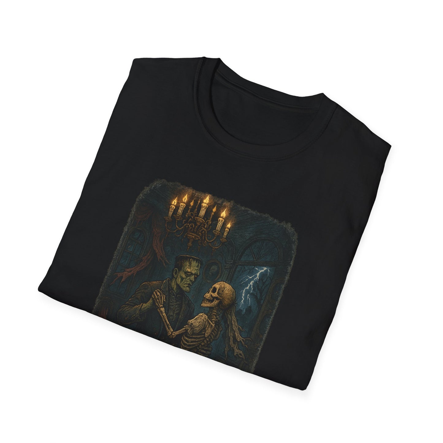 Black Printify Frankenstein couple t-shirt featuring Frankenstein and skeleton dancing under chandelier and storm