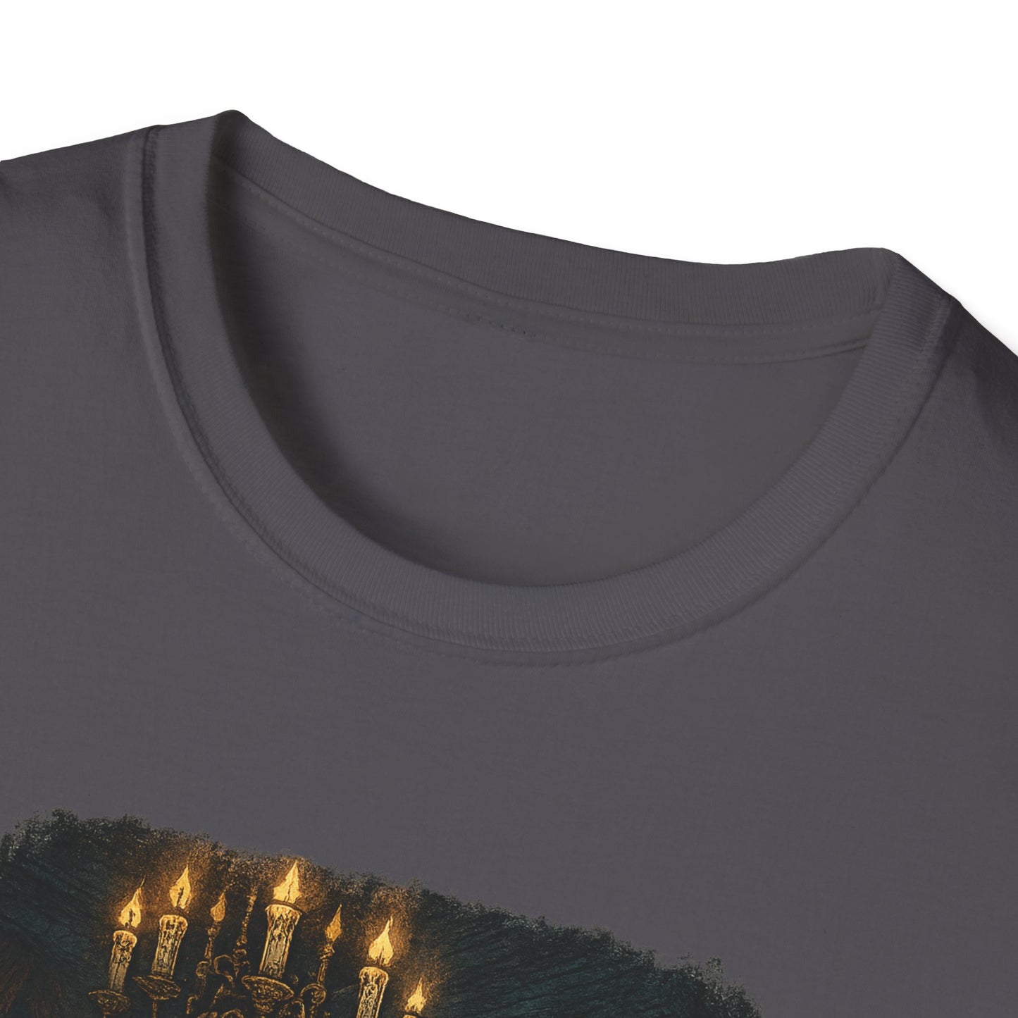 Close-up of a gray Frankenstein couple t-shirt from Printify featuring a dark graphic design