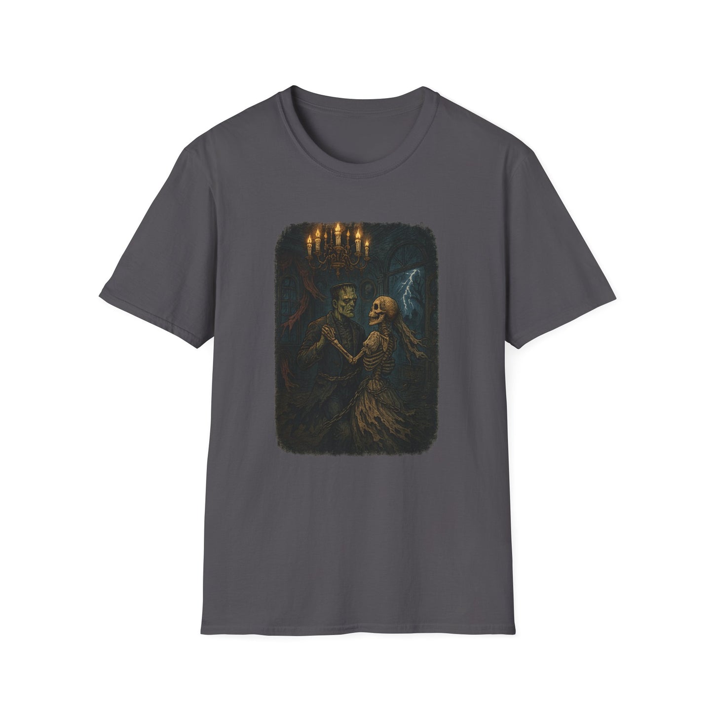 Printify Frankenstein couple t-shirt with dark gothic design of skeletons dancing under chandelier